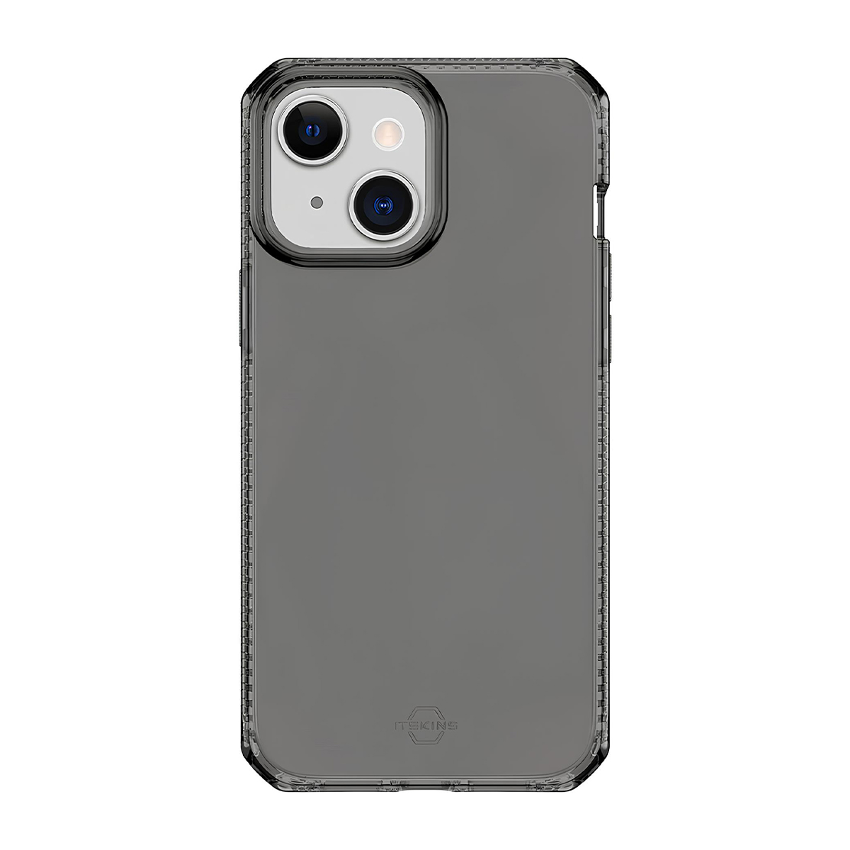 Custodia grigia per iPhone con due fotocamere e logo.