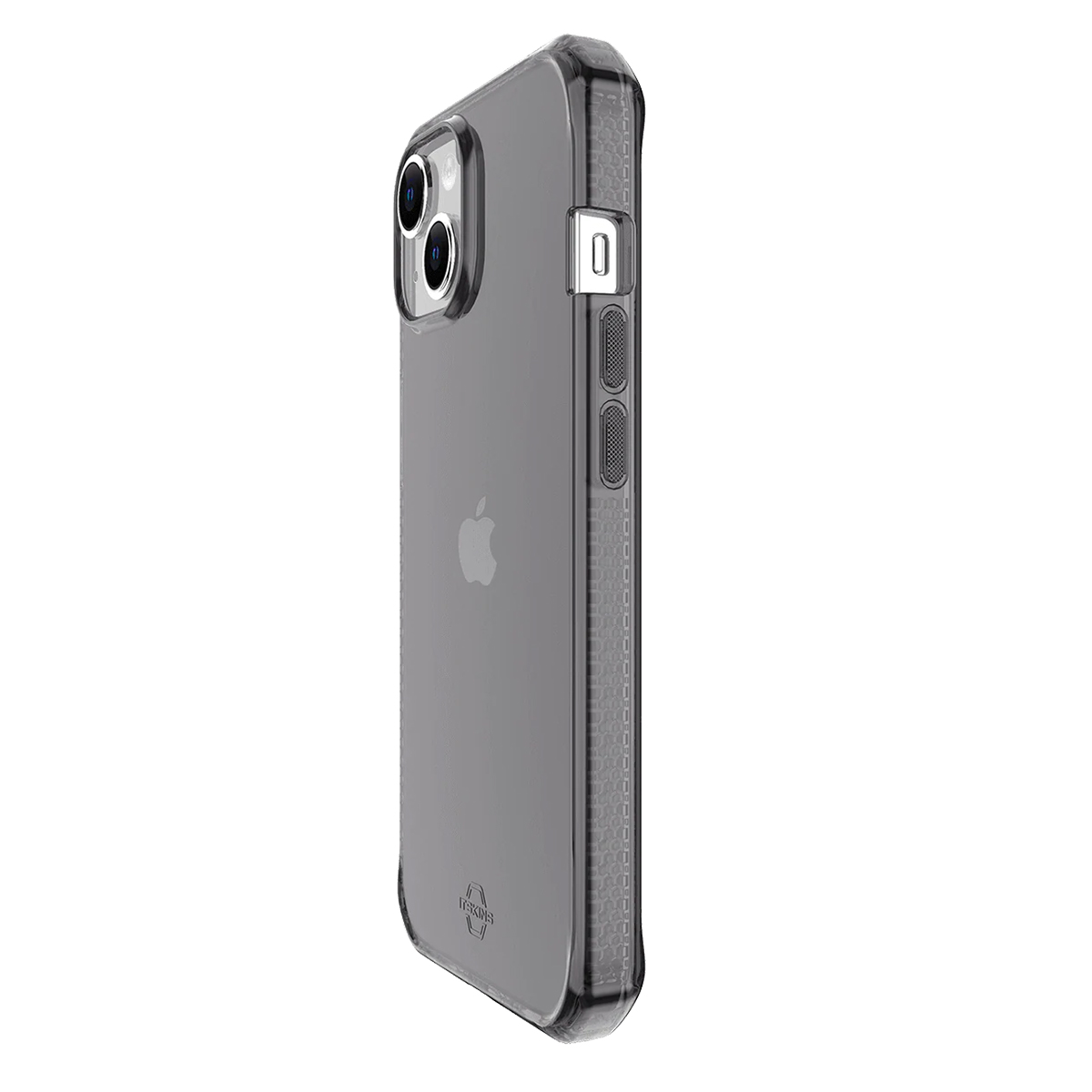 Un iPhone grigio in custodia trasparente, mostra retro e lenti.