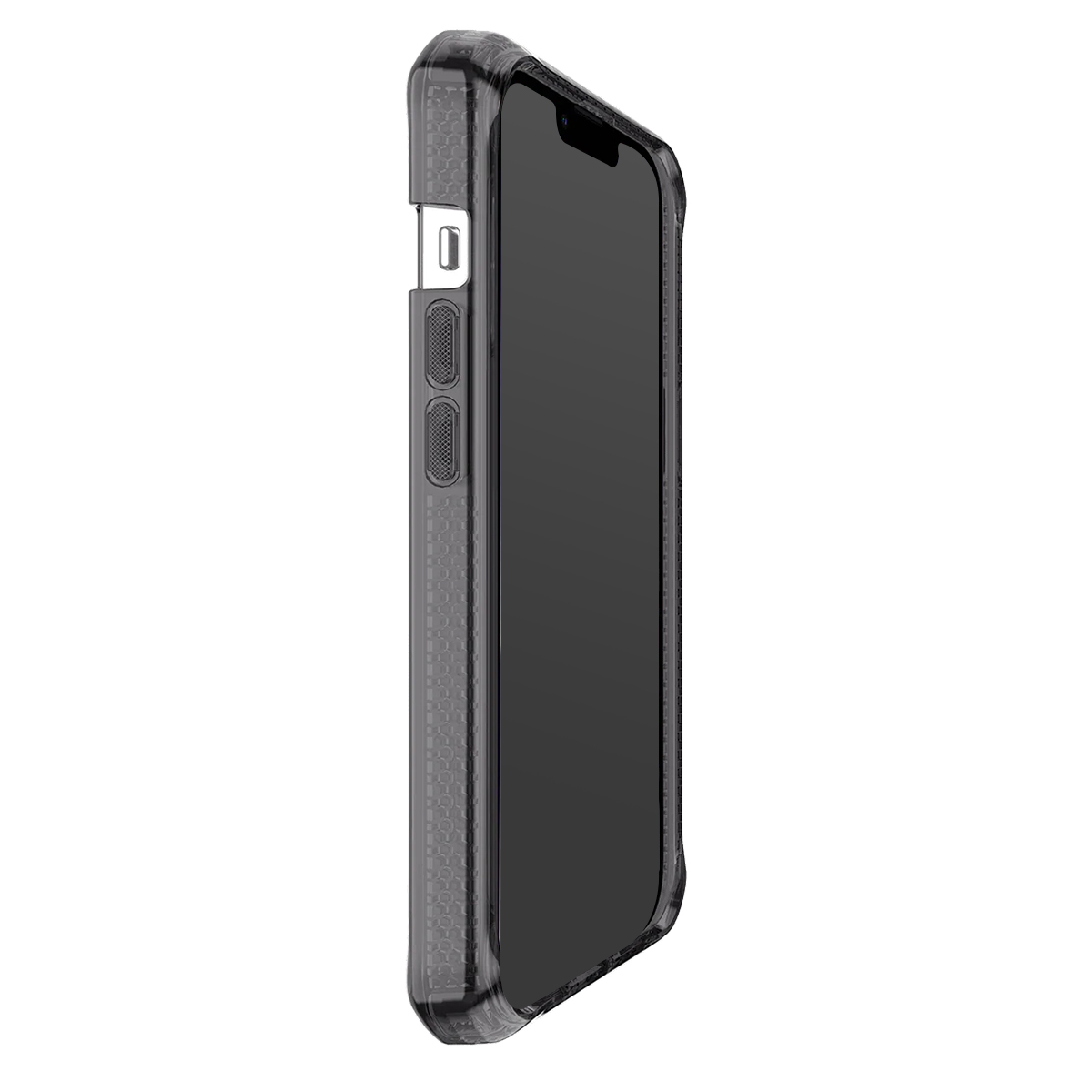 Un telefono cellulare nero con una custodia protettiva a nido d'ape, mostrato dal lato destro.