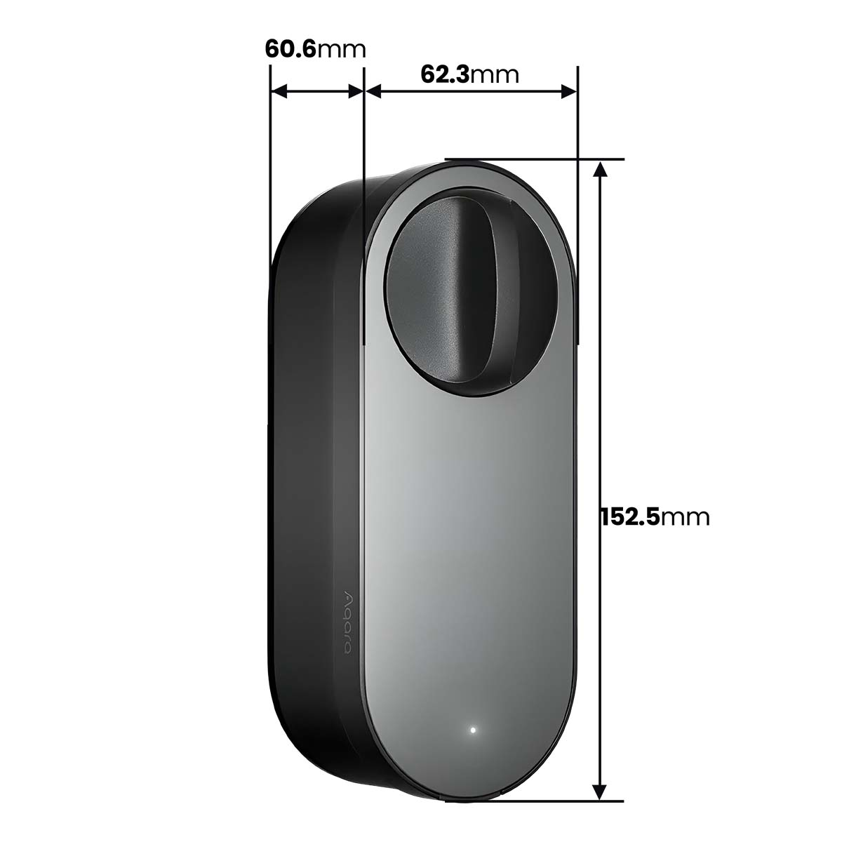 Ein schlössliches, schwarz-silbernes Smart Lock mit Maßen 60,6 mm, 62,3 mm, 152,5 mm.