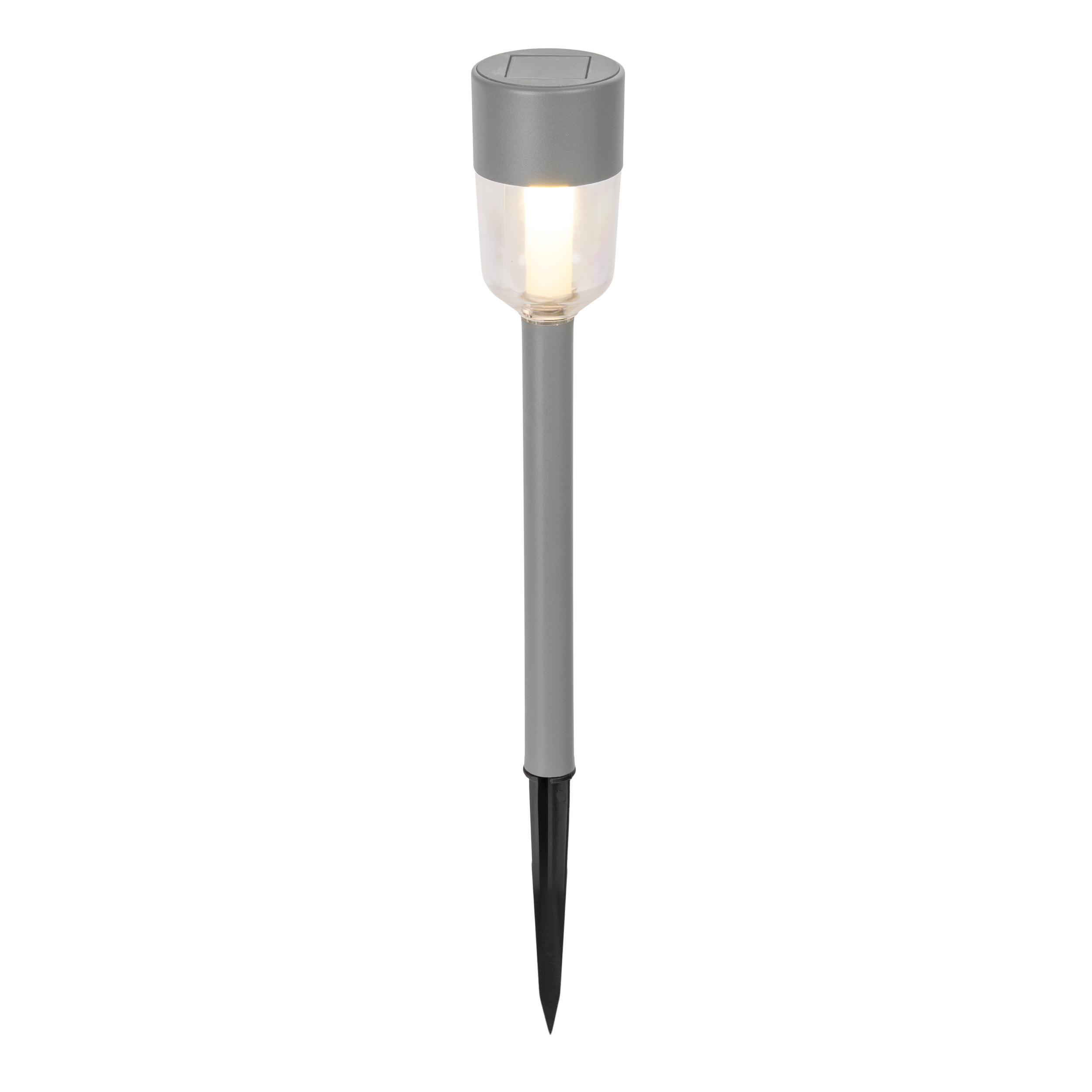 Grauer Solar-Gartenlicht mit spitzem Erdspieß und leuchtendem, klarem Lampenschirm.