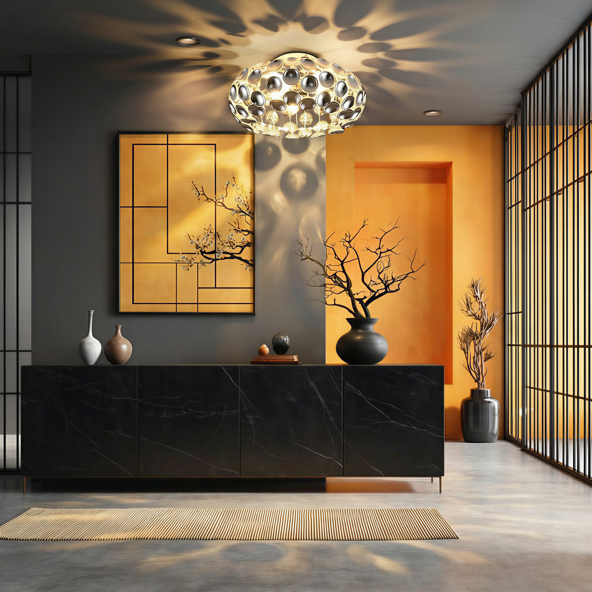 Ein moderner Raum mit schwarzem Sideboard, Kunst und orangefarbener Wand.