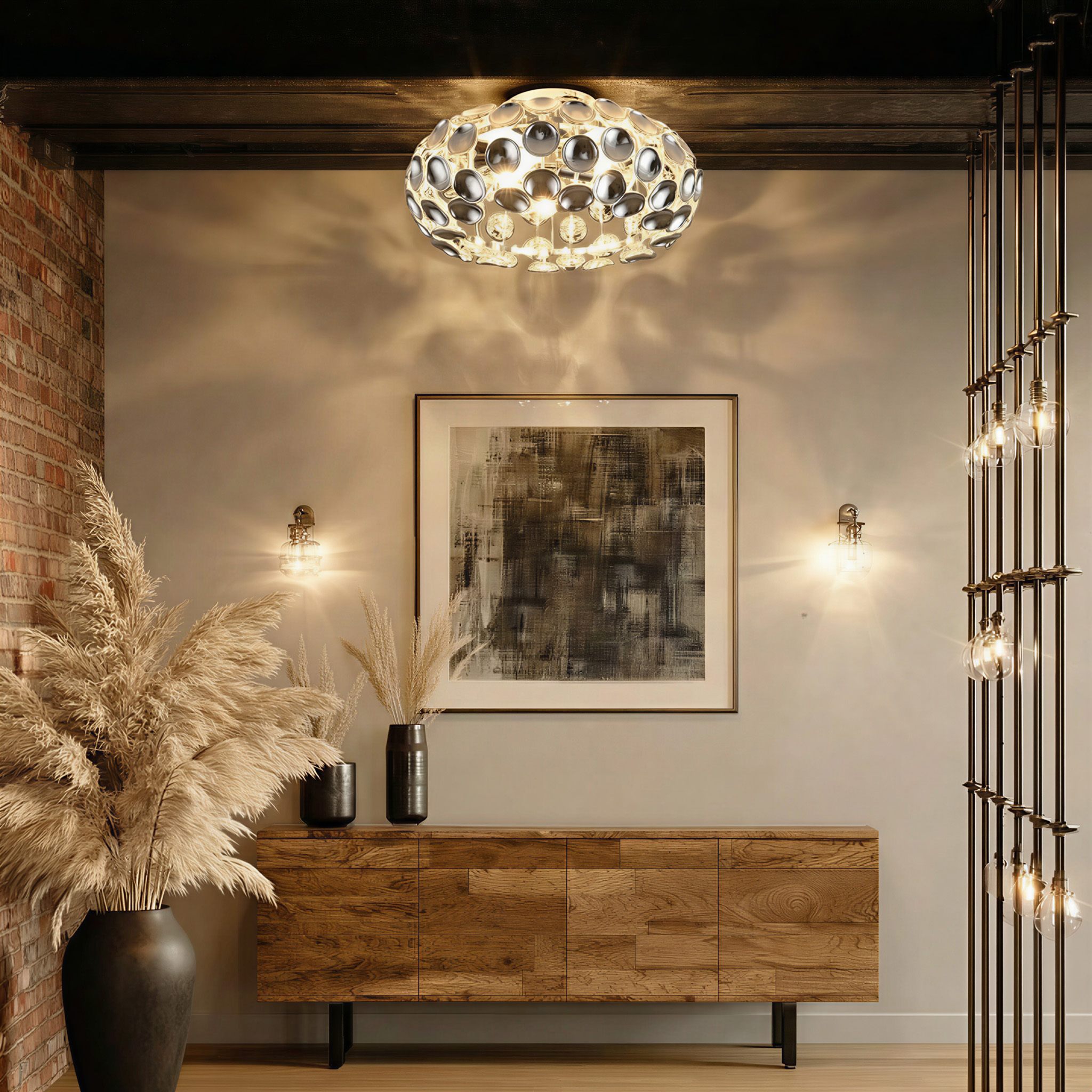 Ein moderner Wohnbereich mit Holzkonsolen, Kunst und Beleuchtung.