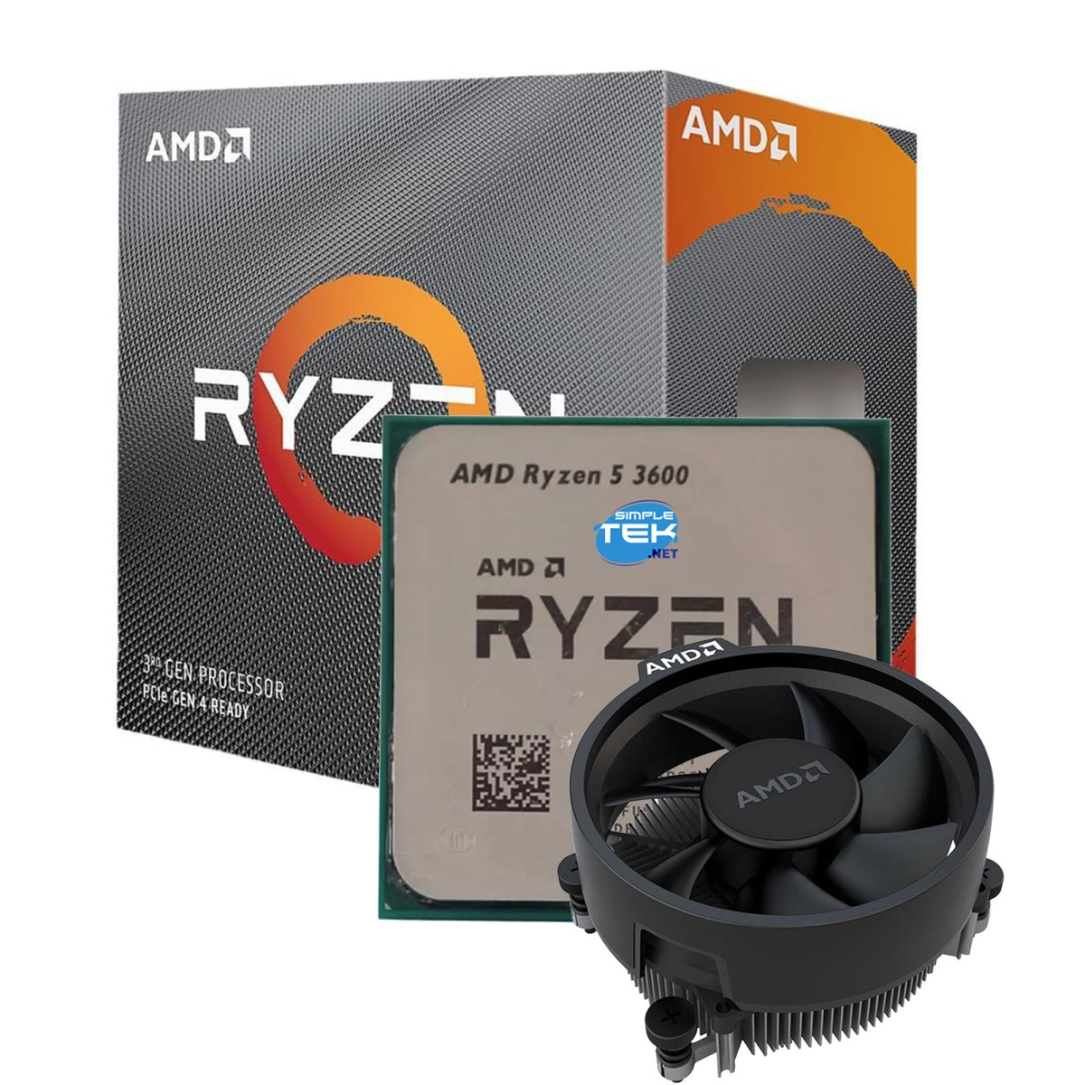 Procesor AMD Ryzen 5 3600, wentylator i pudełko. Szary z czerwonym logo.