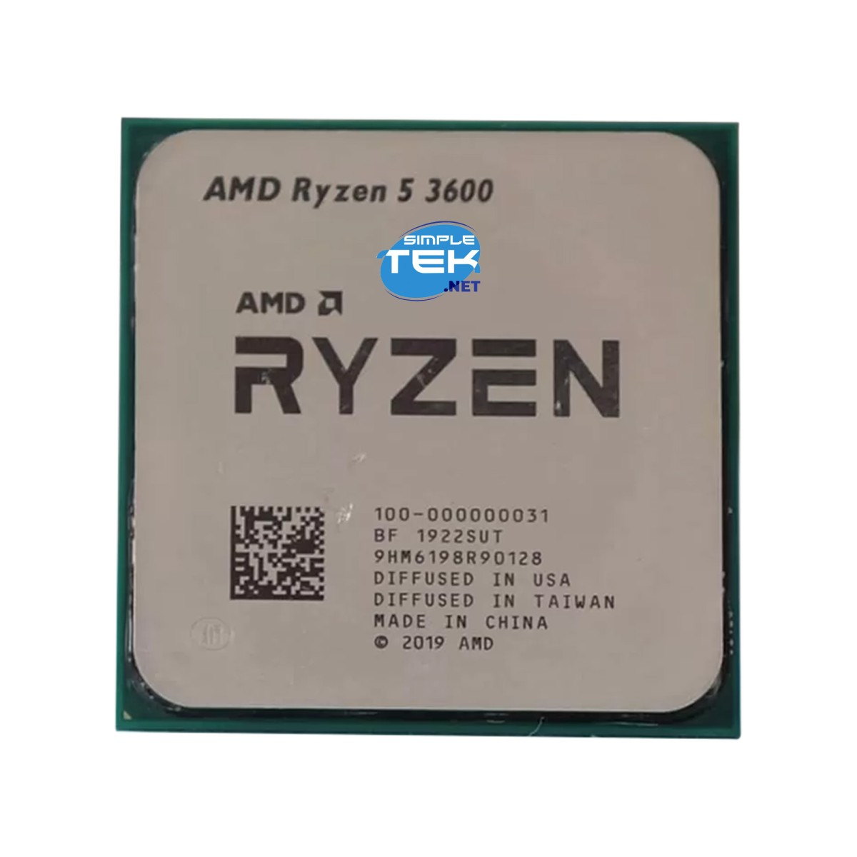 Procesor AMD Ryzen 5 3600 z tekstem i kodem QR. Wyprodukowano w Chinach.