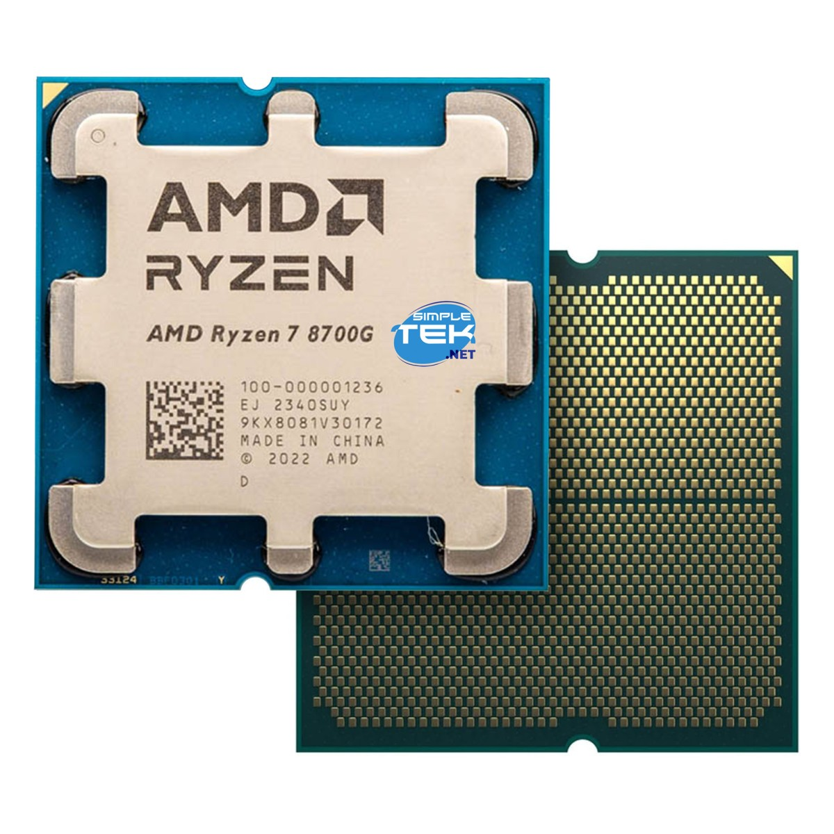 Processore AMD Ryzen 7 8700G con pin dorati e marchio AMD Ryzen.