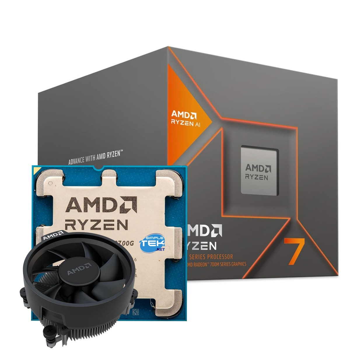 Processore AMD Ryzen 7 con ventola e scatola. Scatola grigia con logo arancione.