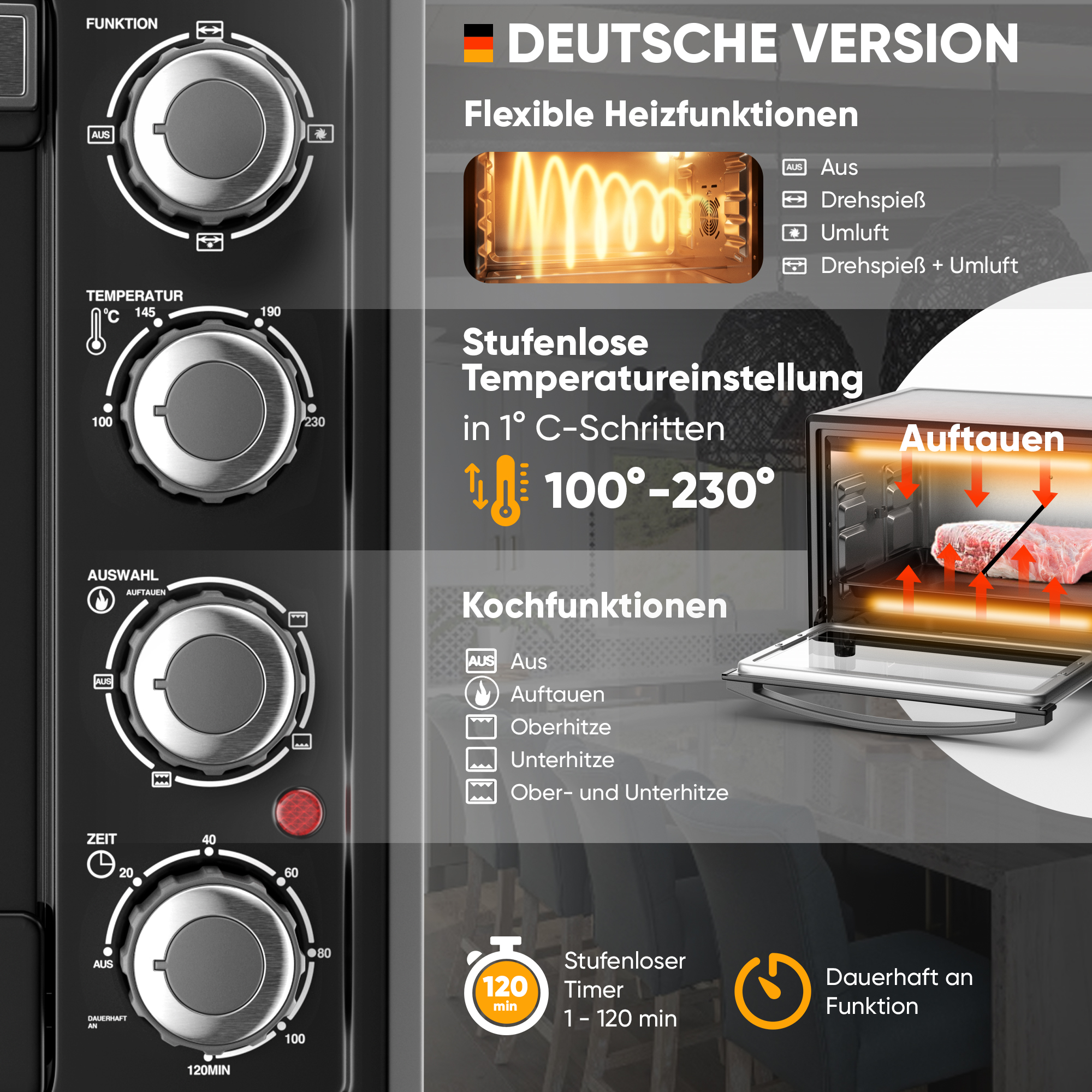 Ein moderner Ofen mit Drehreglern für Funktion, Temperatur, Auswahl und Zeit.