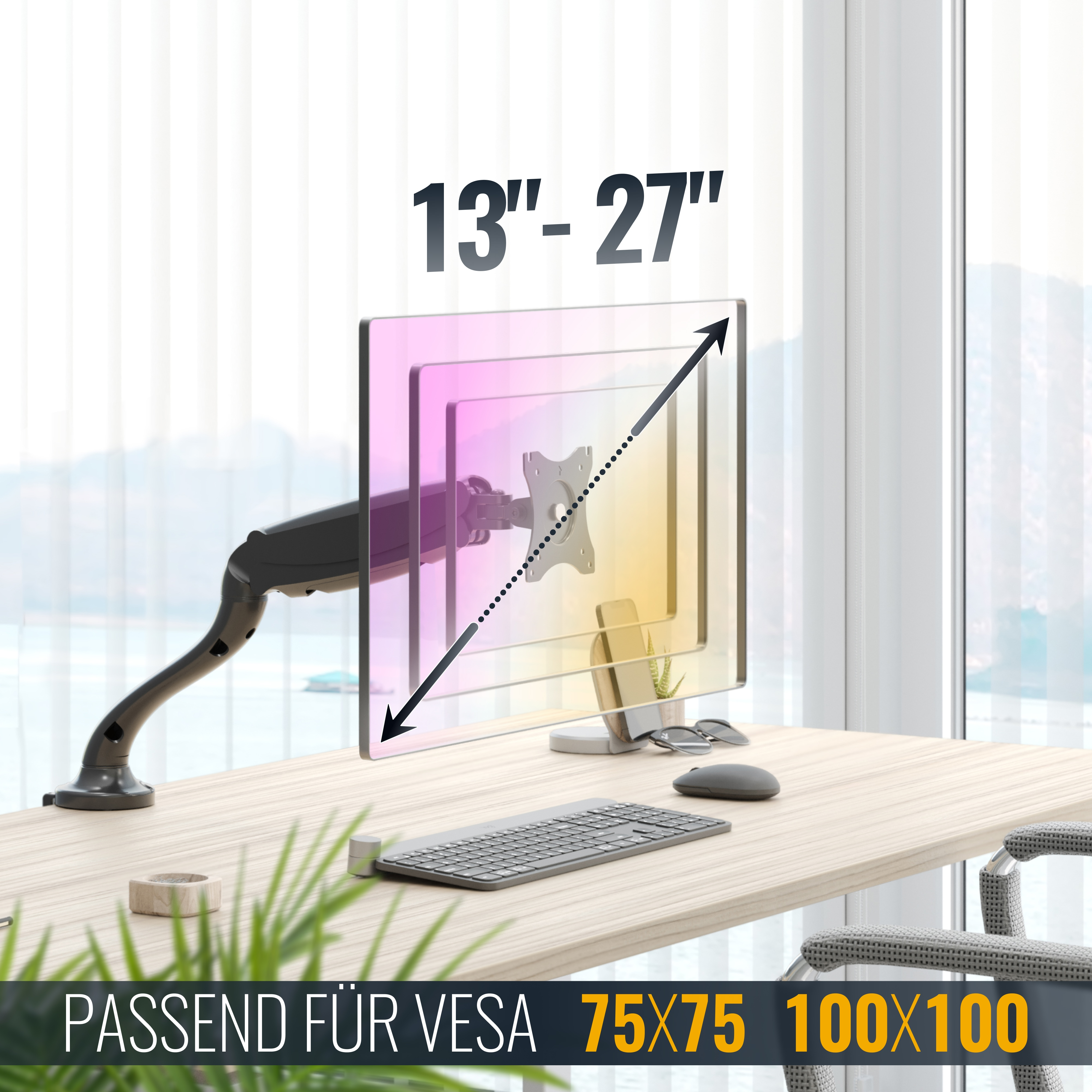 Monitorarm hält 13-27 Zoll Bildschirm über Schreibtisch mit Tastatur und Maus.