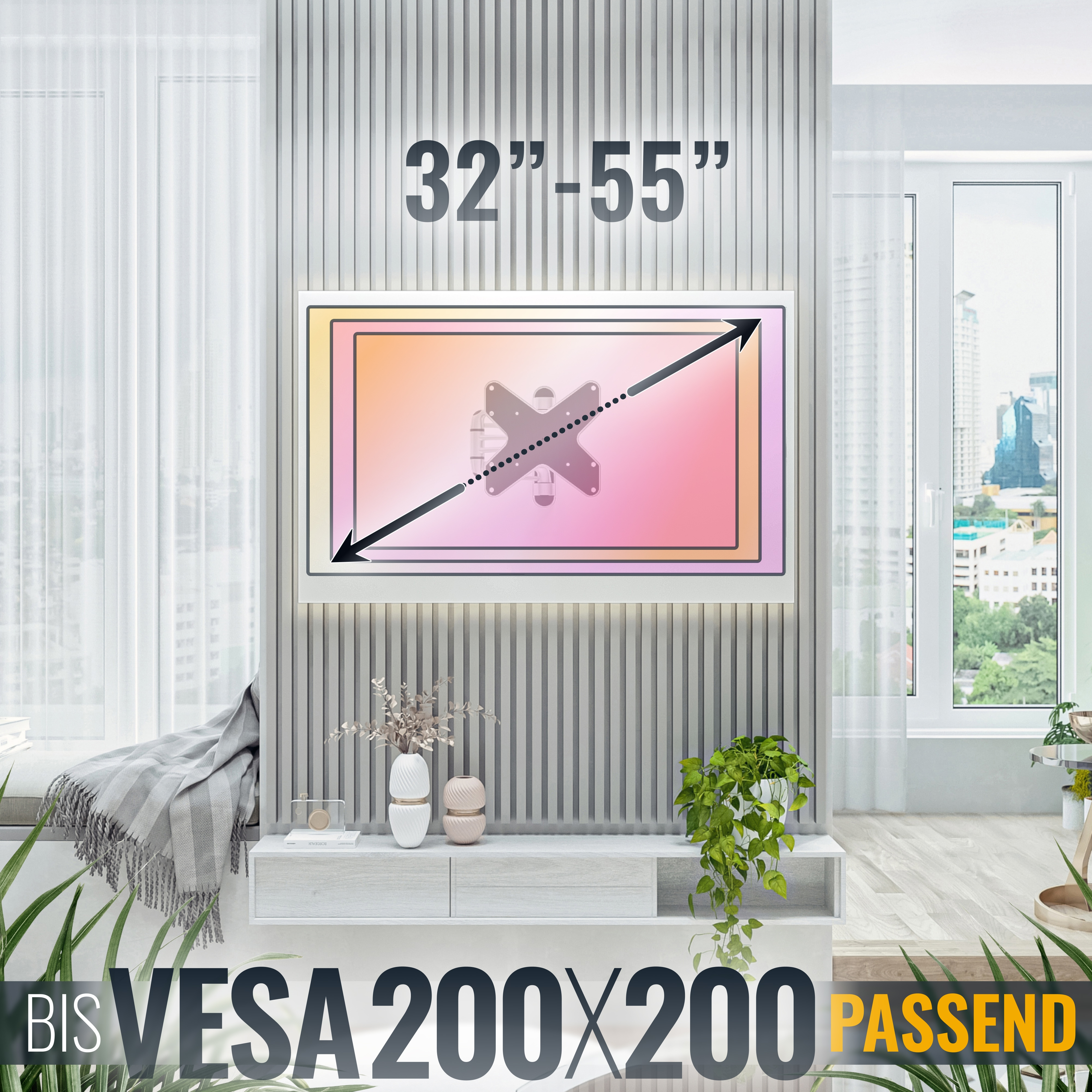 Ein Fernseher von 32-55 Zoll ist auf einem Wandhalter montiert.