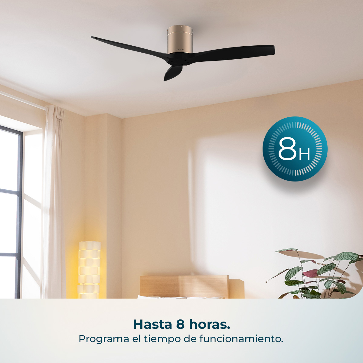 Ventilatore da soffitto nero e argento sopra un letto. Icona 8 ore.