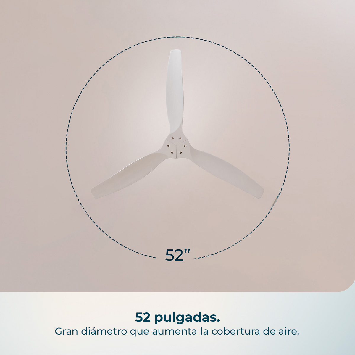 Un ventilatore da soffitto bianco a tre pale, diametro 52 pollici, su sfondo neutro.