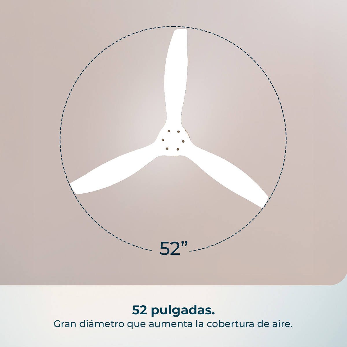 Aspas blancas de ventilador de techo de 52 pulgadas mostradas esquemáticamente.