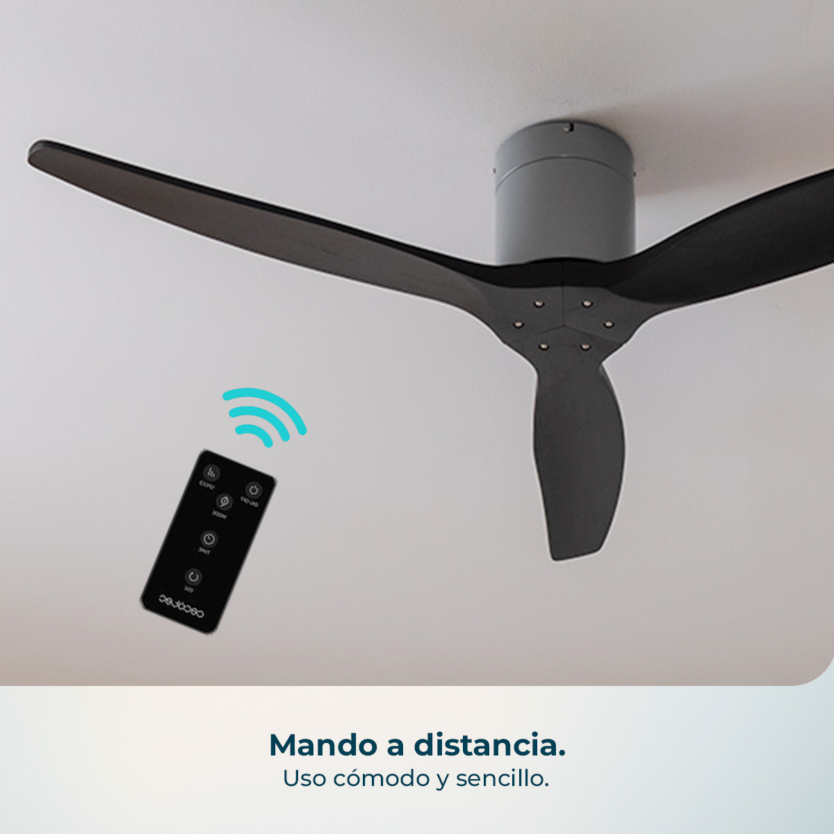 Ventilatore da soffitto nero con telecomando e onde di segnale.