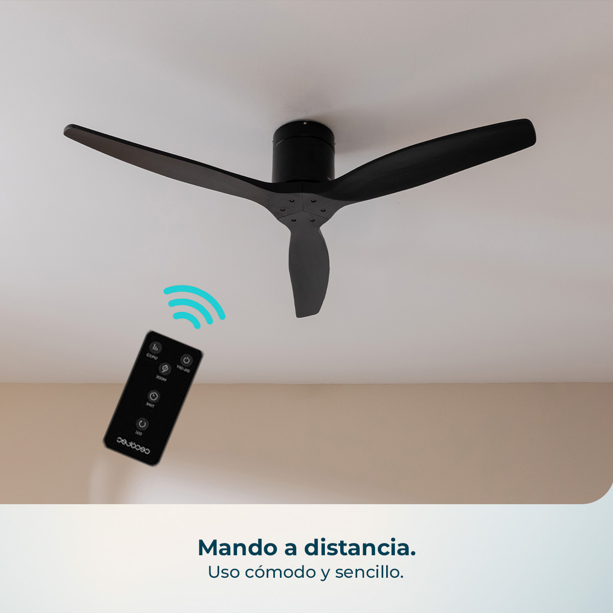 Ventilatore da soffitto nero con telecomando e onde di segnale.