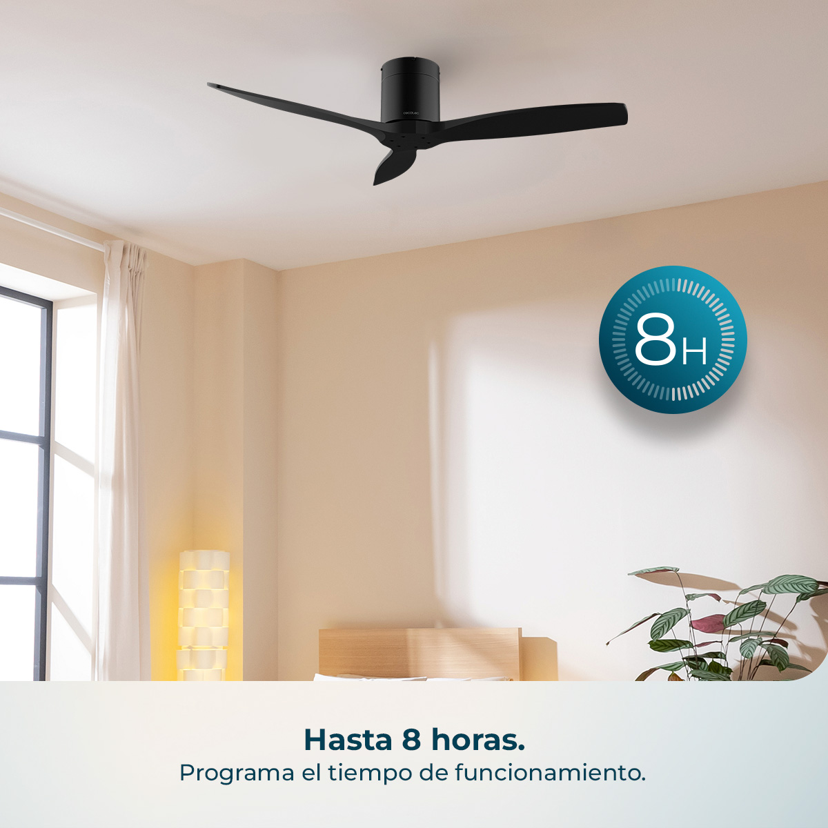 Ventilatore da soffitto nero a tre pale sopra un letto. Timer 8H.