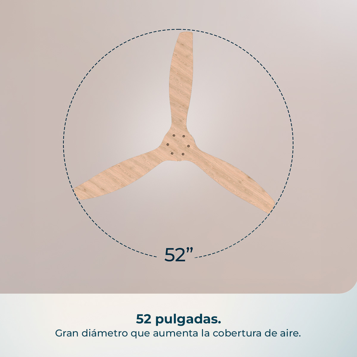 Un ventilatore da soffitto da 52 pollici con tre pale in laminato di legno.
