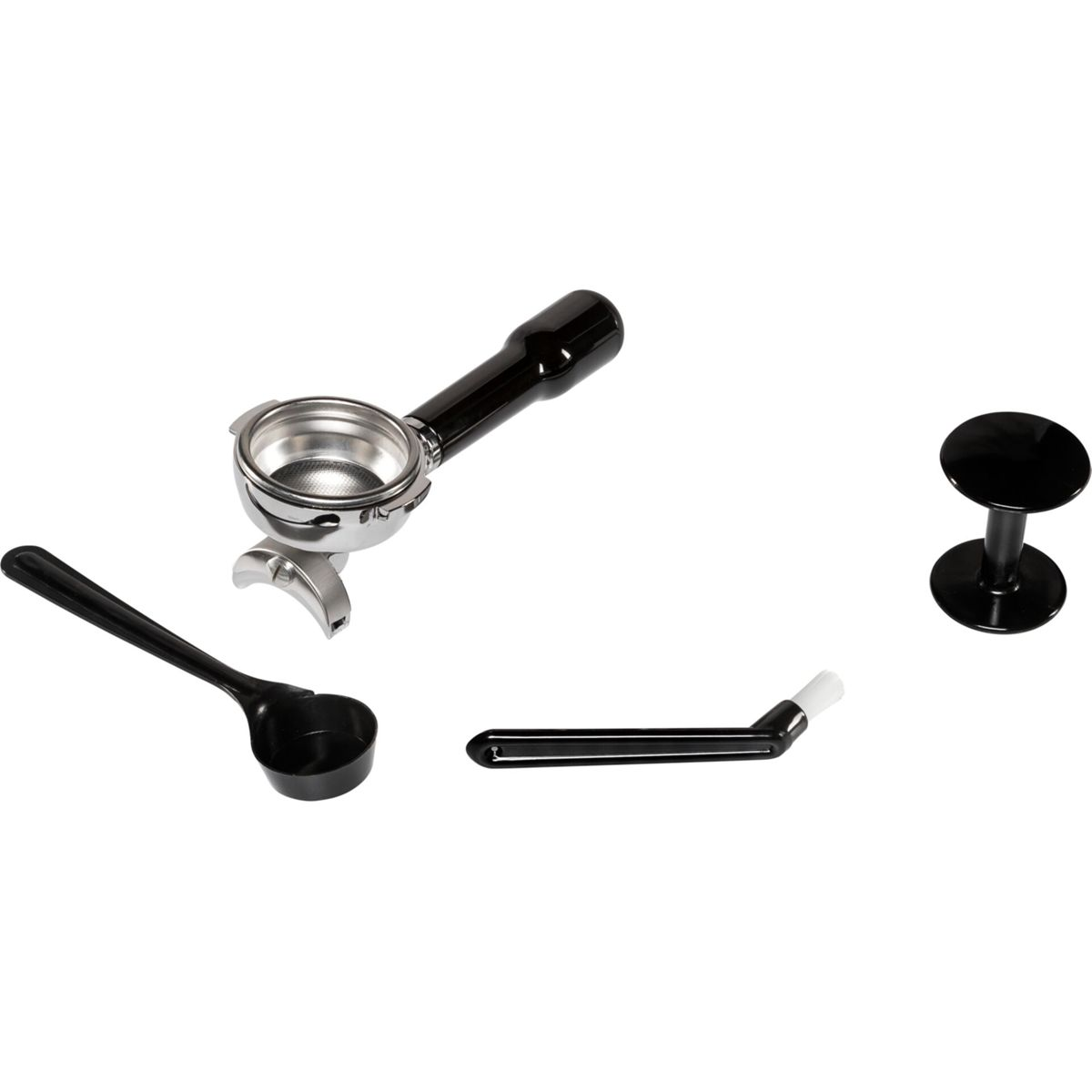 Akcesoria do ekspresu do kawy: kolba, łyżka, szczotka, tamper.