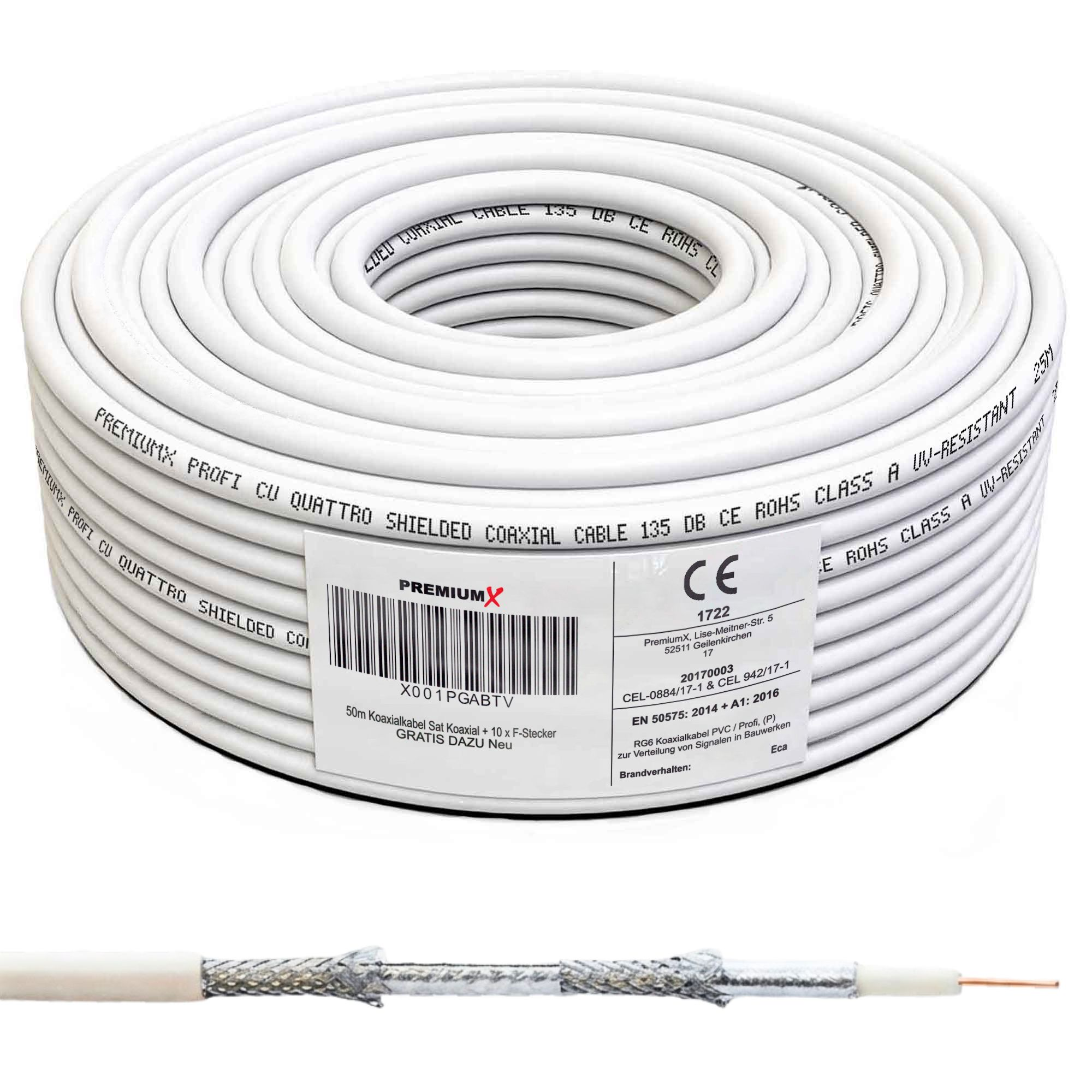Eine Rolle weißes Koaxialkabel mit schwarzem Aufdruck, mit offenem Ende.
