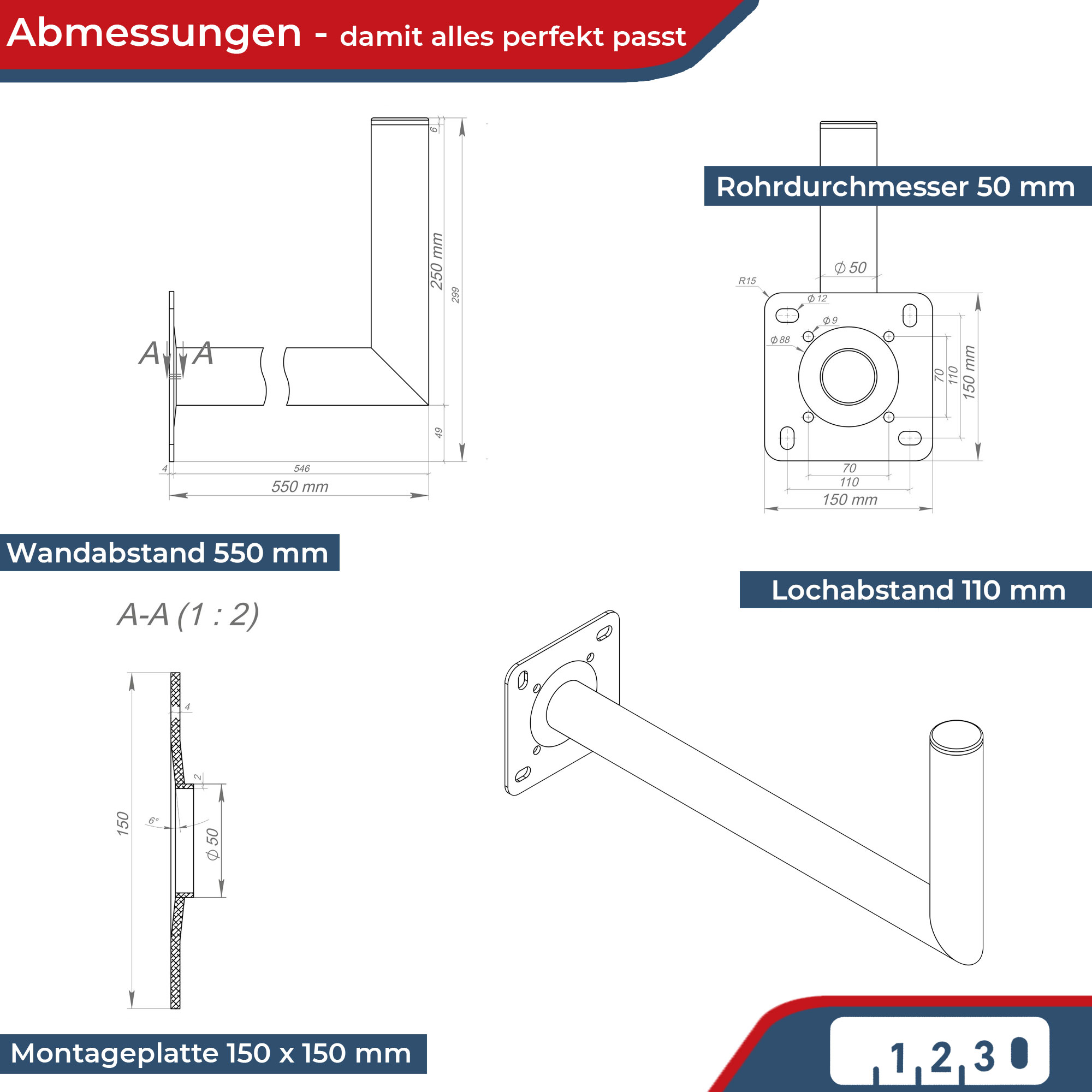 Technische Zeichnung mit Maßen für Wandabstand, Rohrdurchmesser und Montageplatte.