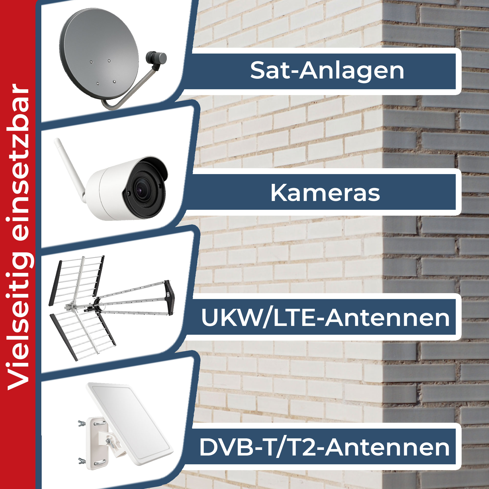 Satellitenanlagen, Kameras, UKW/LTE- und DVB-T/T2-Antennen.
