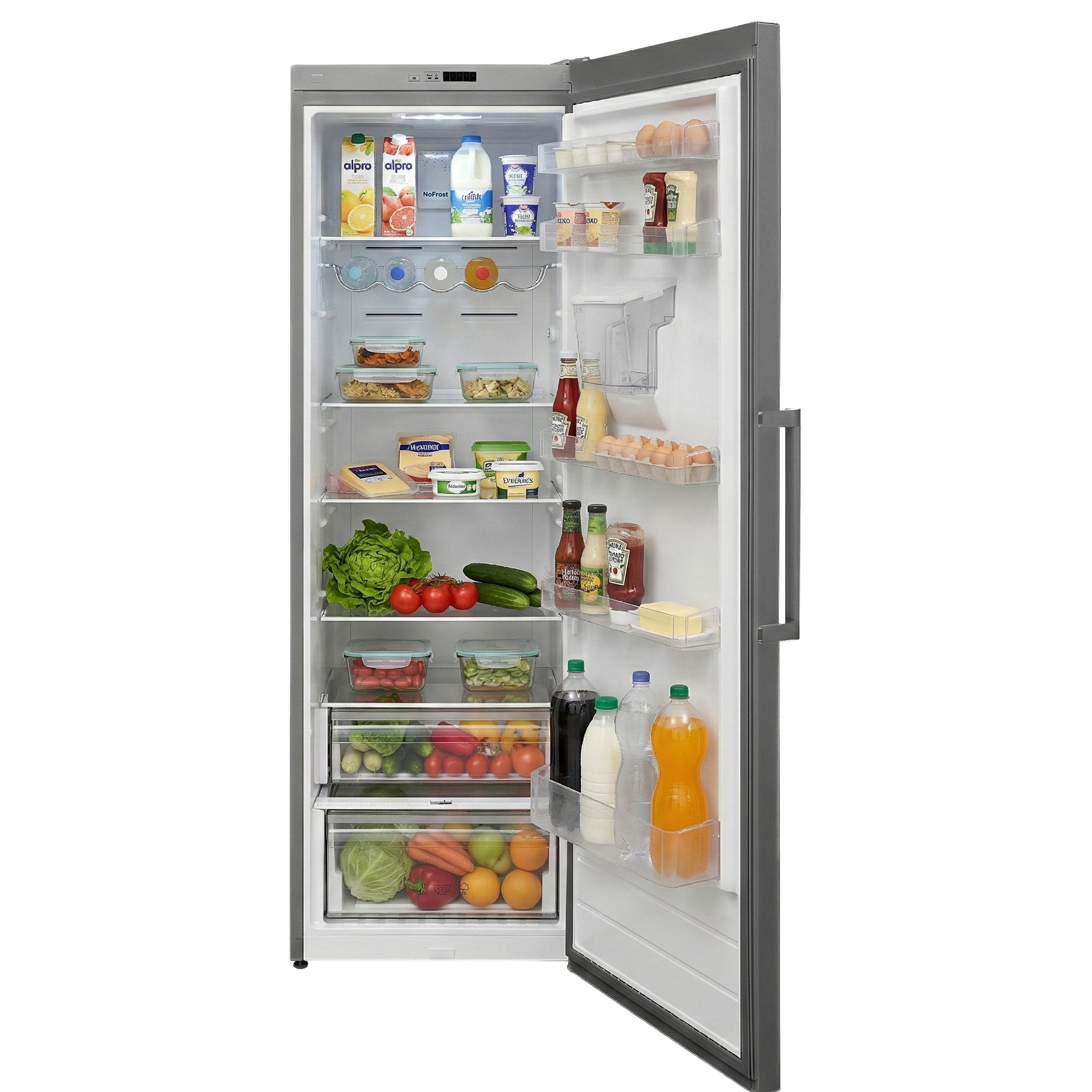 Un réfrigérateur ouvert rempli d'aliments tels que des fruits, des légumes, du lait, des œufs et des sauces.