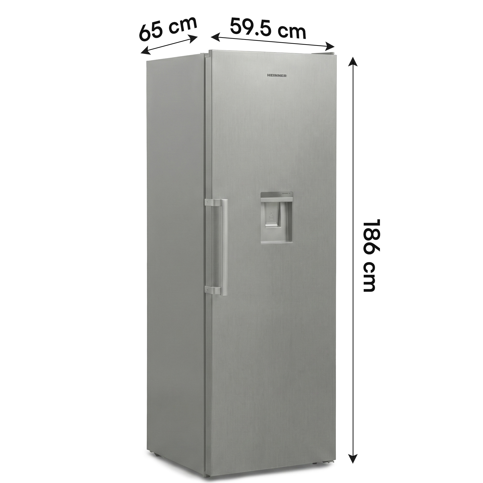 Réfrigérateur argenté et fin avec distributeur d'eau. Dimensions : 186x65x59,5cm.