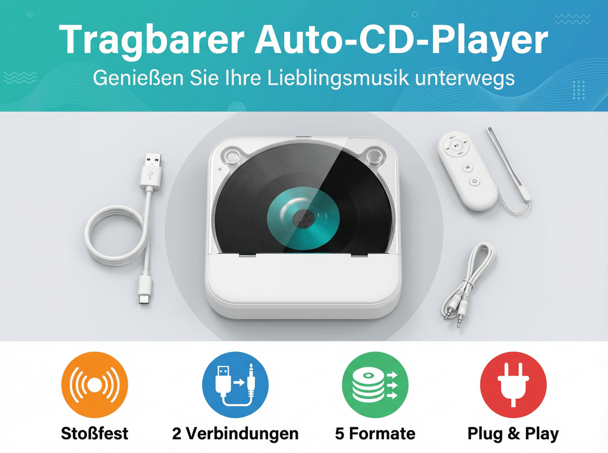Tragbarer CD-Player mit Fernbedienung, USB-Kabel und AUX-Kabel.