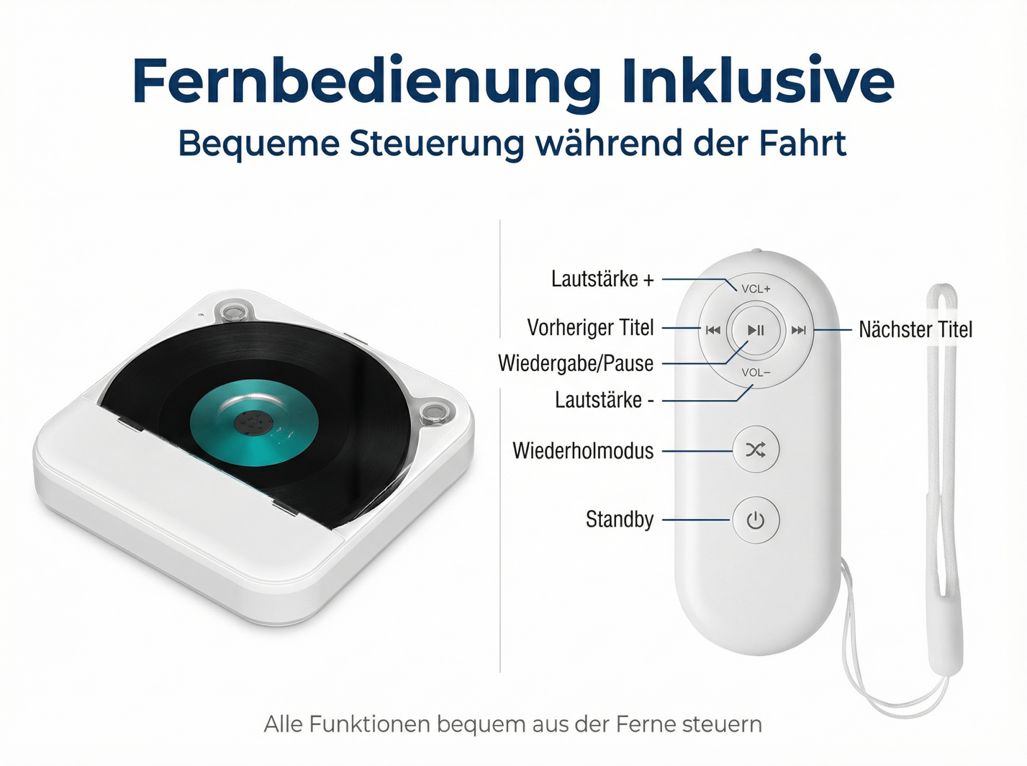 Ein weißer CD-Player mit einer Fernbedienung und einer Schnur.