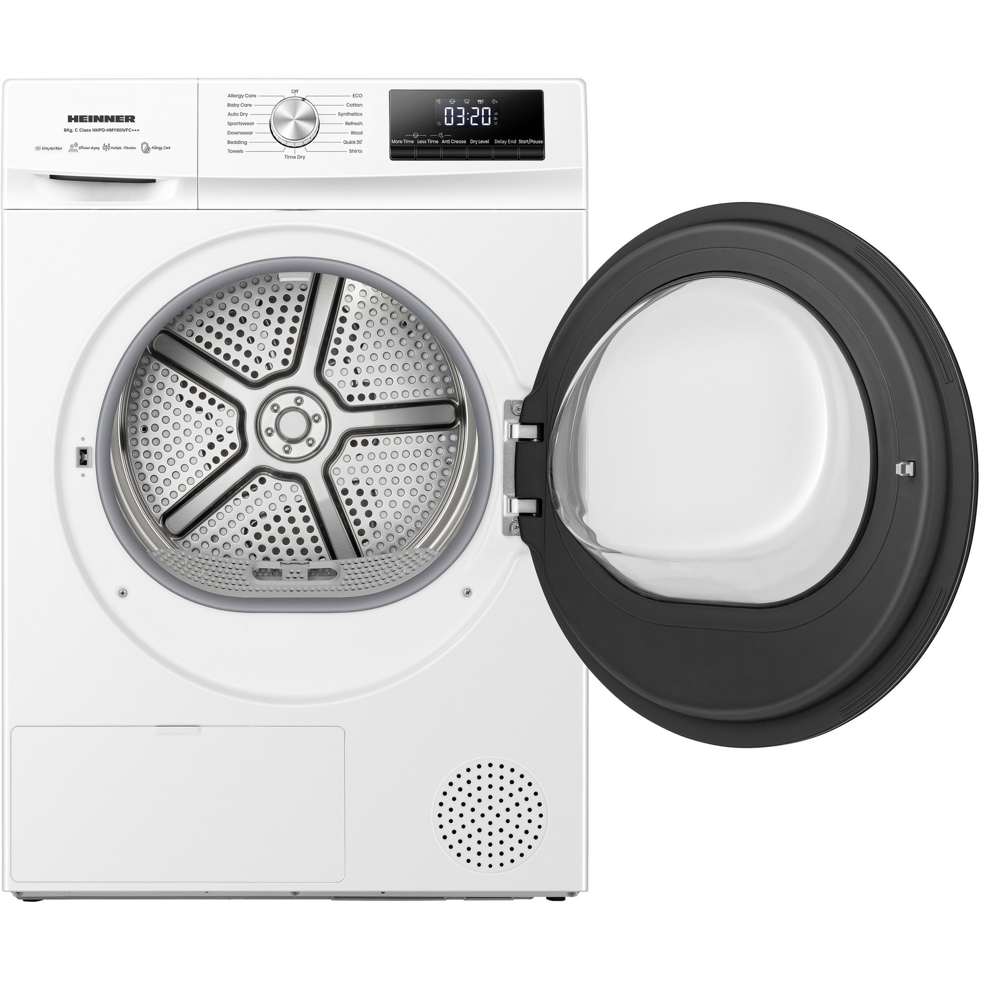White clothes dryer with open door and digital display.