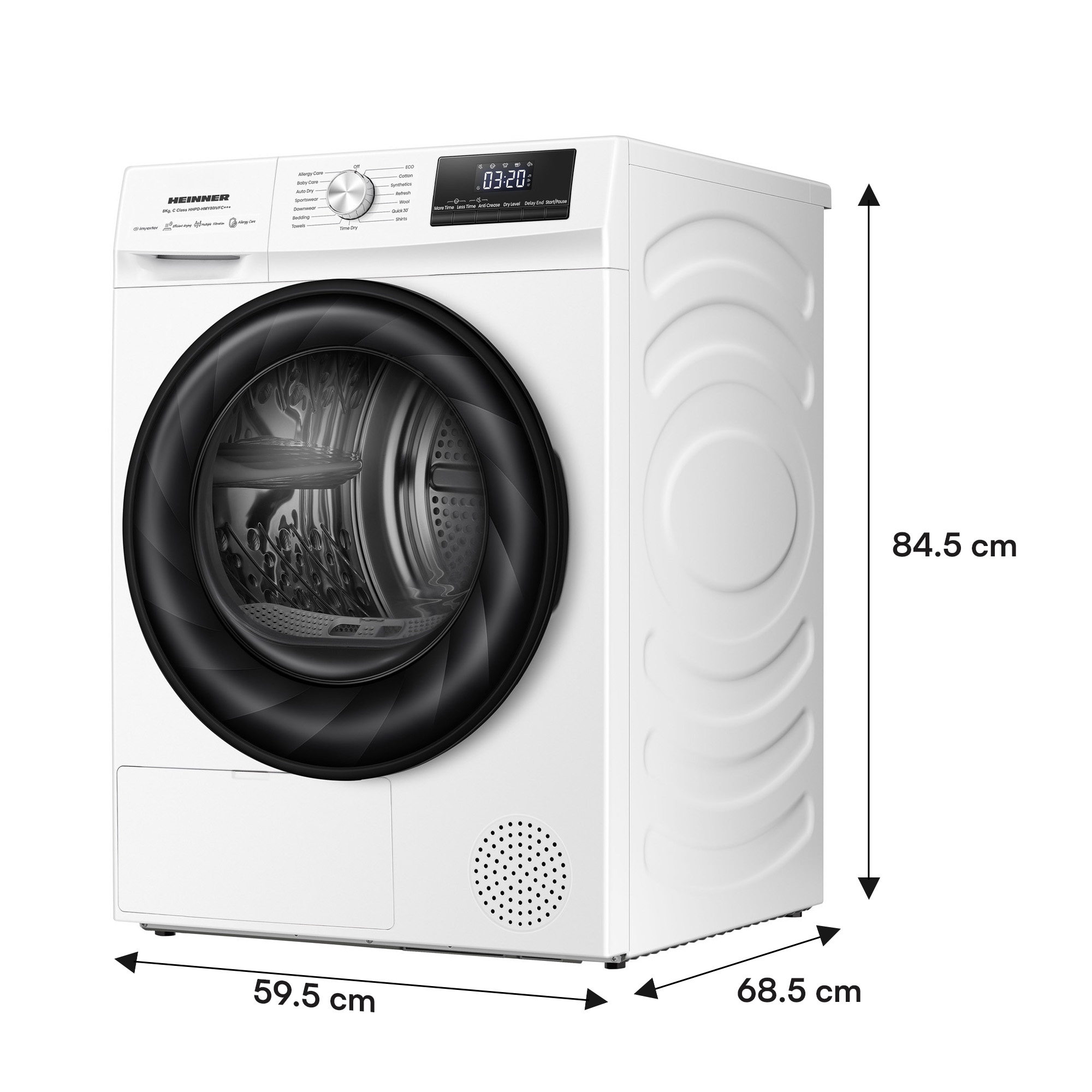 A white washing machine with a black door and silver knob. Dimensions are shown.