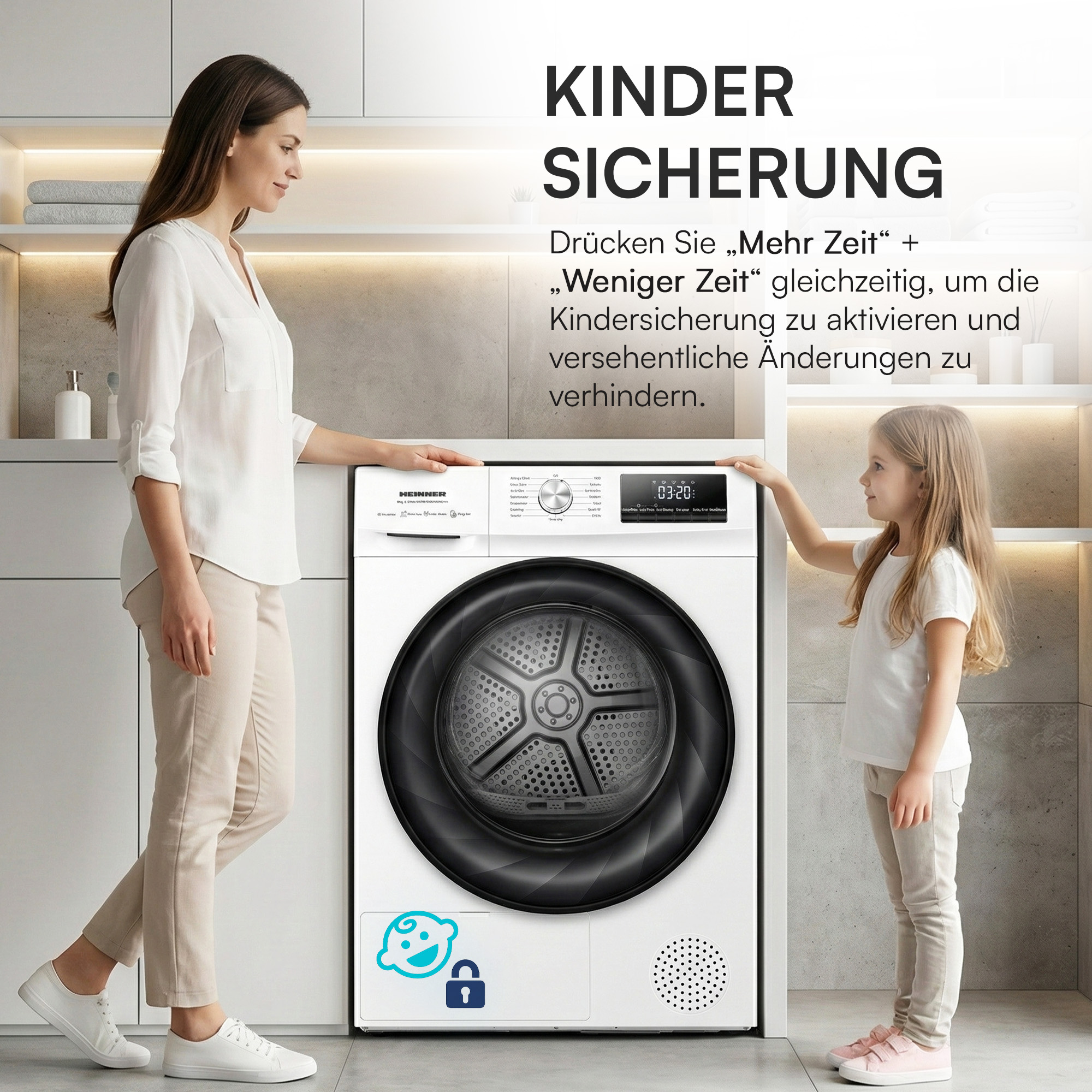 Frau und Kind stehen vor einer weißen Waschmaschine mit Kindersicherungs-Symbol.