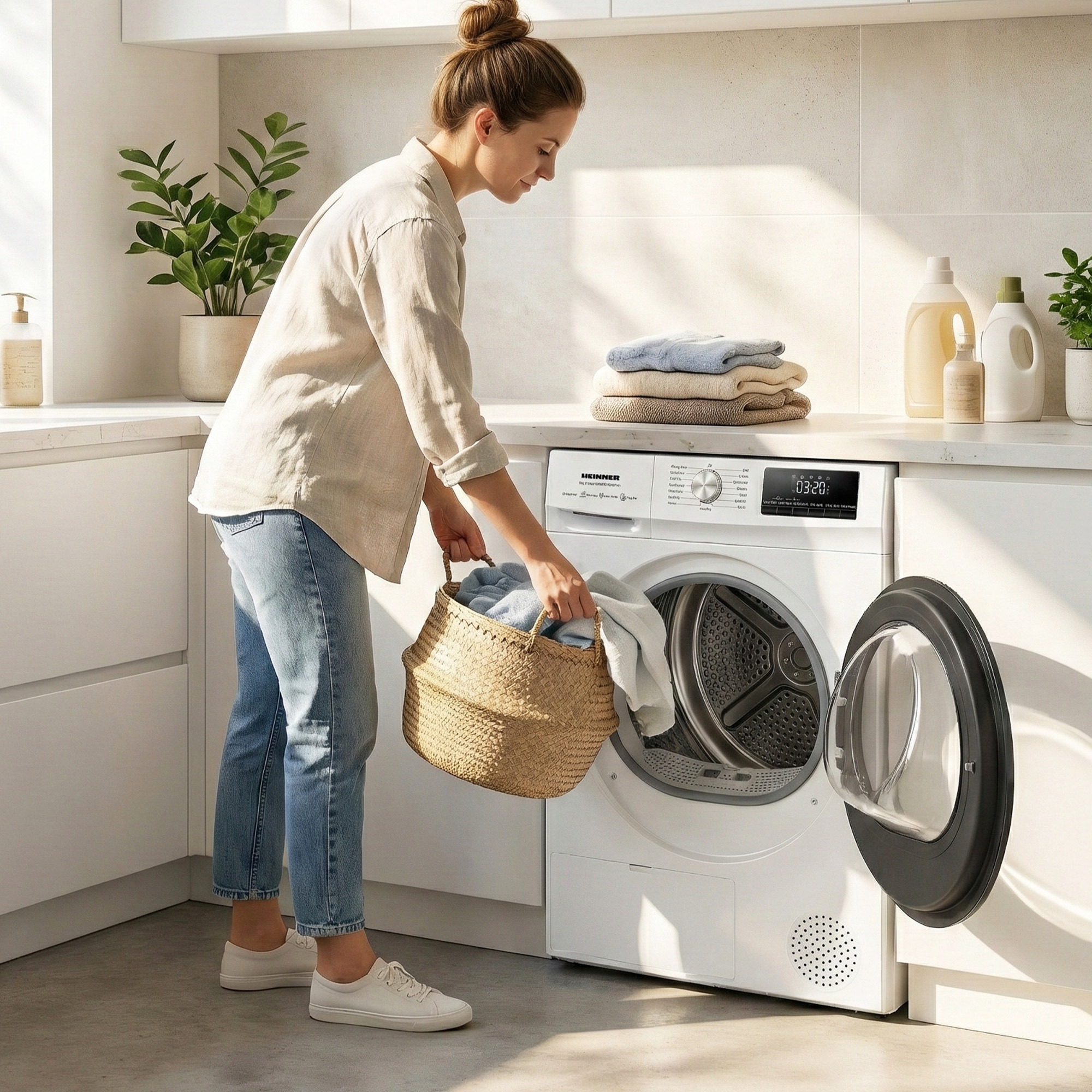 A woman puts laundry into a white dryer. Towels and bottles are beside it.