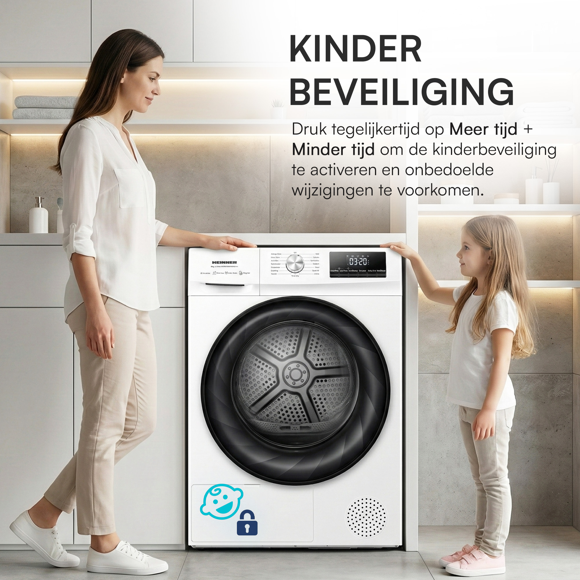 Mother and daughter in front of a washing machine with child lock indication.
