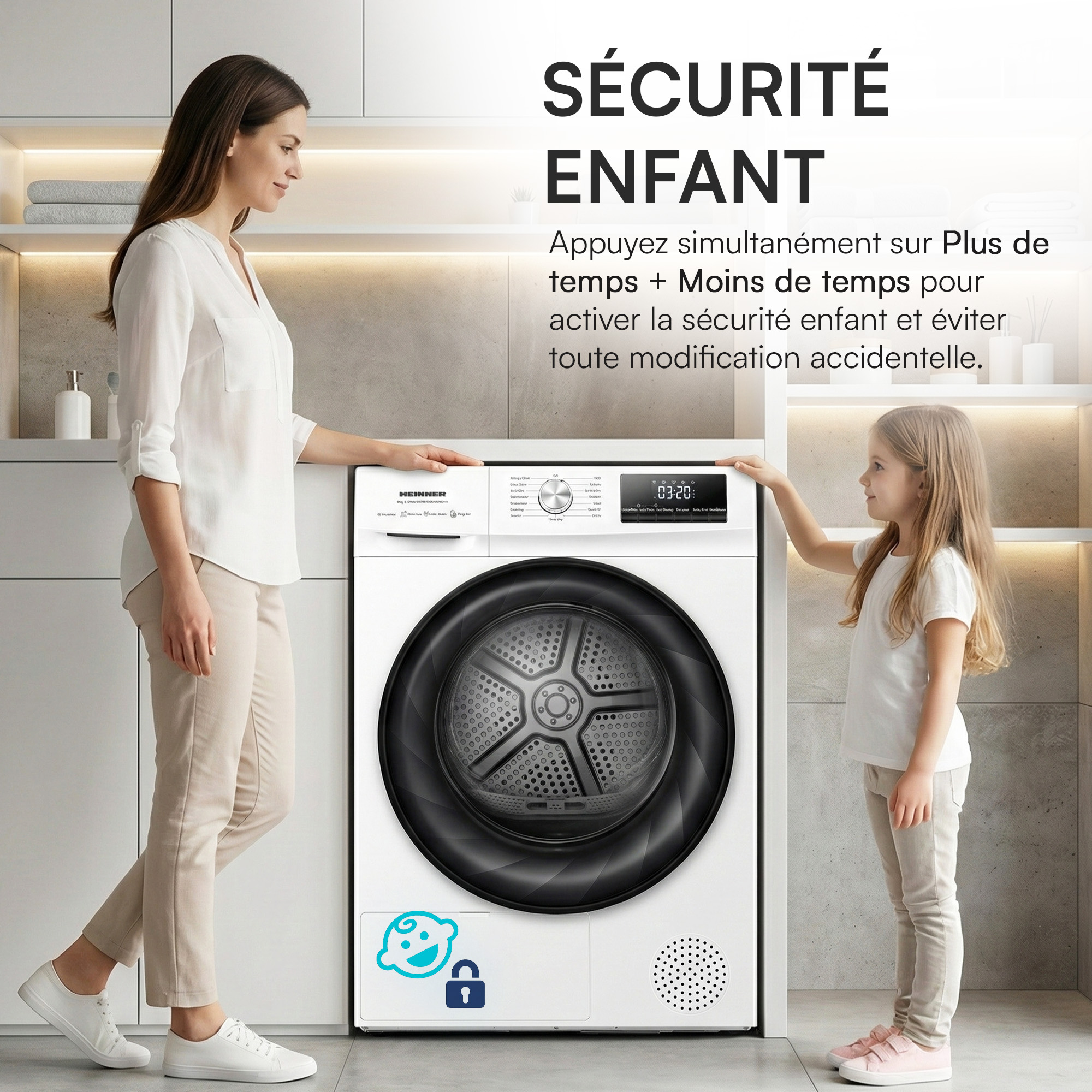 Une femme et un enfant près d'une machine à laver blanche avec écran.