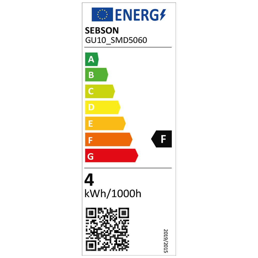 Energielabel für SEBSON GU10_SMD5060 Lampe, Energieeffizienzklasse F, 4 kWh/1000h.