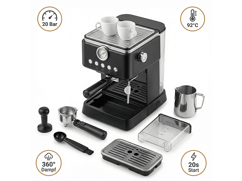 DEBUY 20 Bar 1300W Manometer 1,5L Espresso-Siebträgerautomat Schwarz