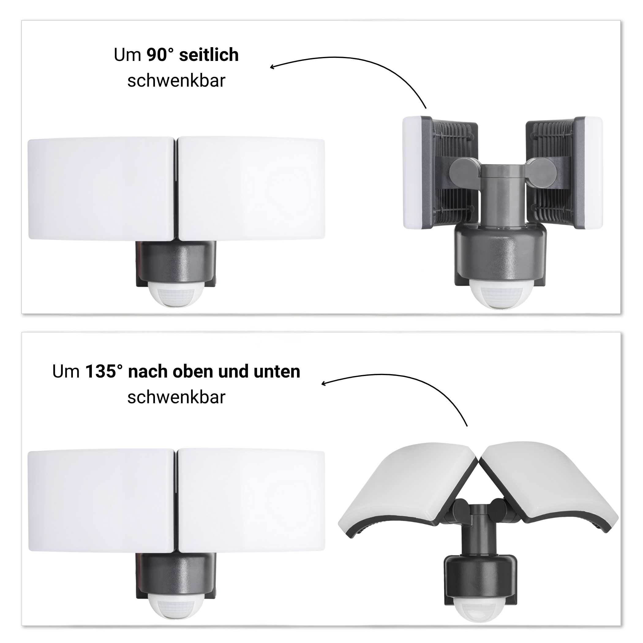 Ein Bewegungsmelder mit schwenkbaren Lichtern, seitlich und nach oben/unten.