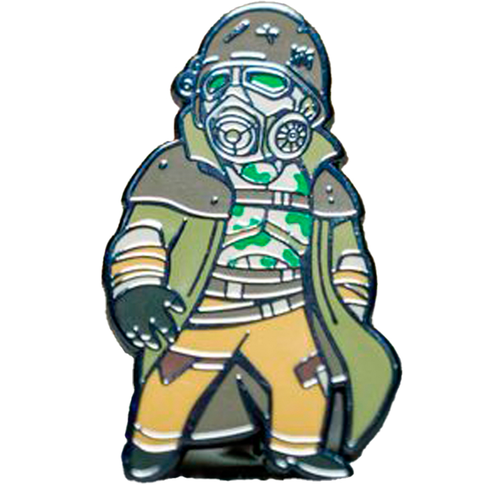 Un personaggio indossa maschera antigas, elmo, cappotto verde e pantaloni gialli.