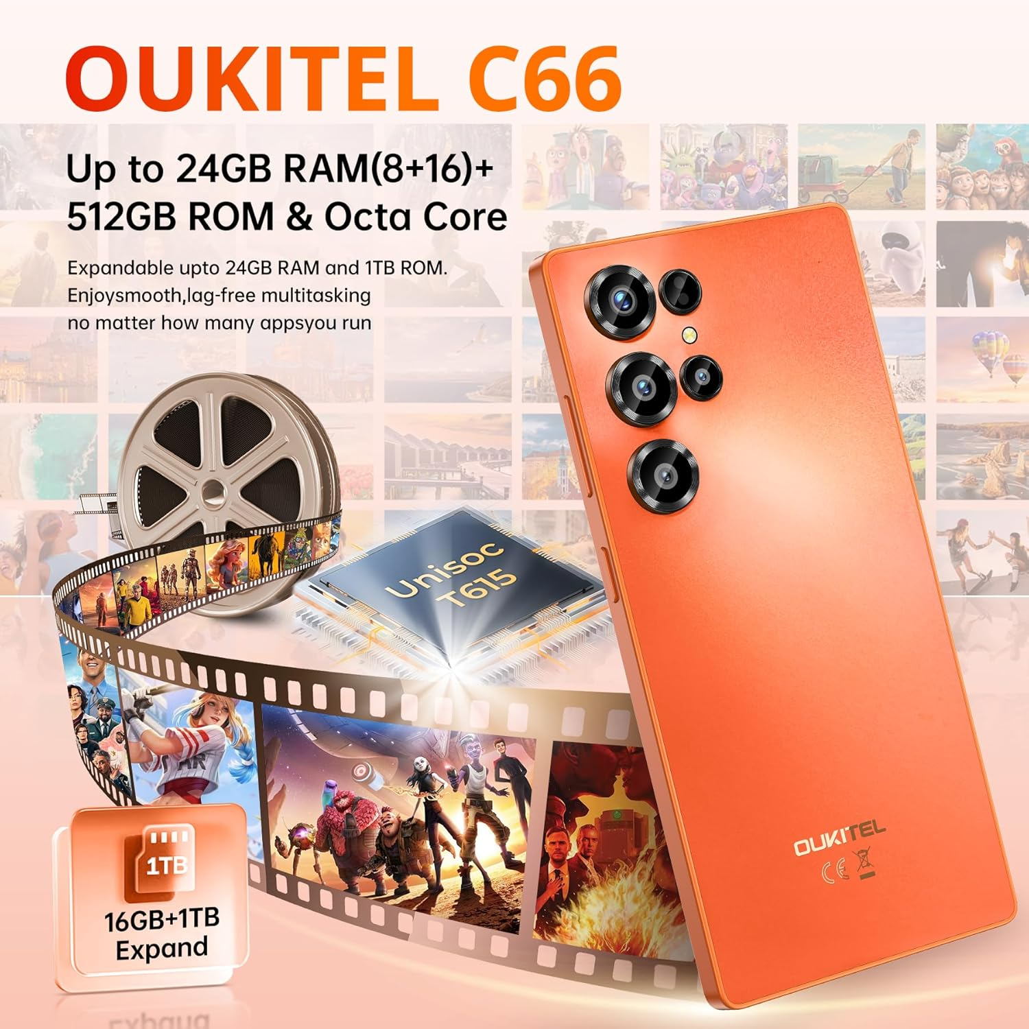 Orange OUKITEL C66 mit Kamera und Filmstreifen-Grafik, die Multitasking zeigt.