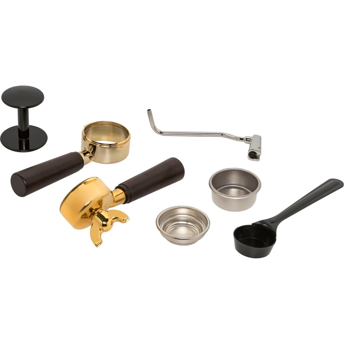 Akcesoria do ekspresu do kawy: portafiltr, tamper, łyżka, sitka i narzędzie.