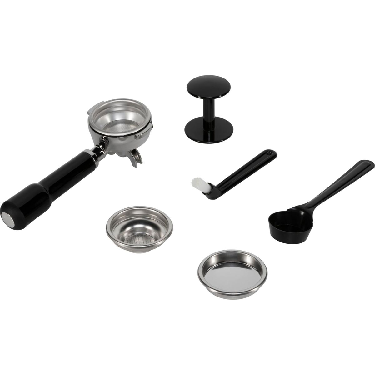 Akcesoria do ekspresu: kolba, tamper, szczotka, miarka i dwa sitka.