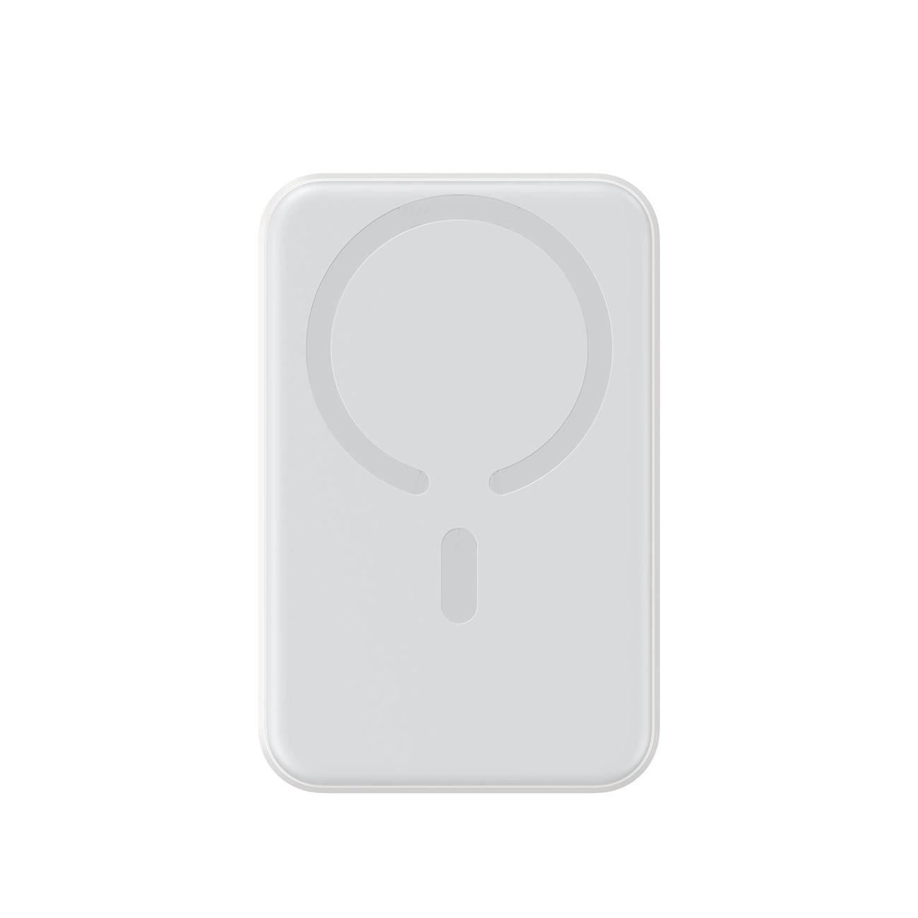 Ein weißes MagSafe Ladegerät mit kreisförmigem Muster.