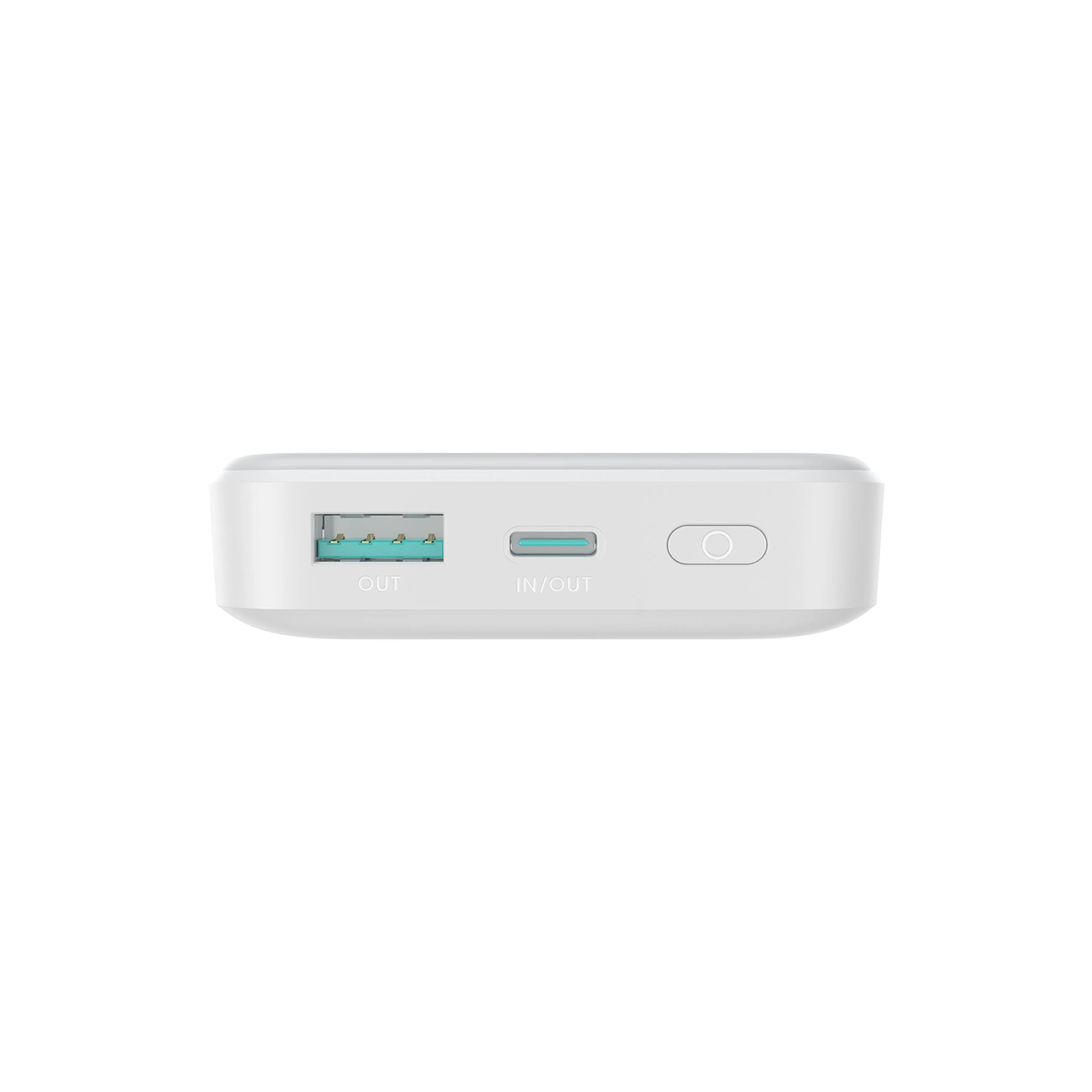 Ein weißes Powerbank-Gerät mit einem USB-A-Ausgang und einem USB-C-Anschluss.