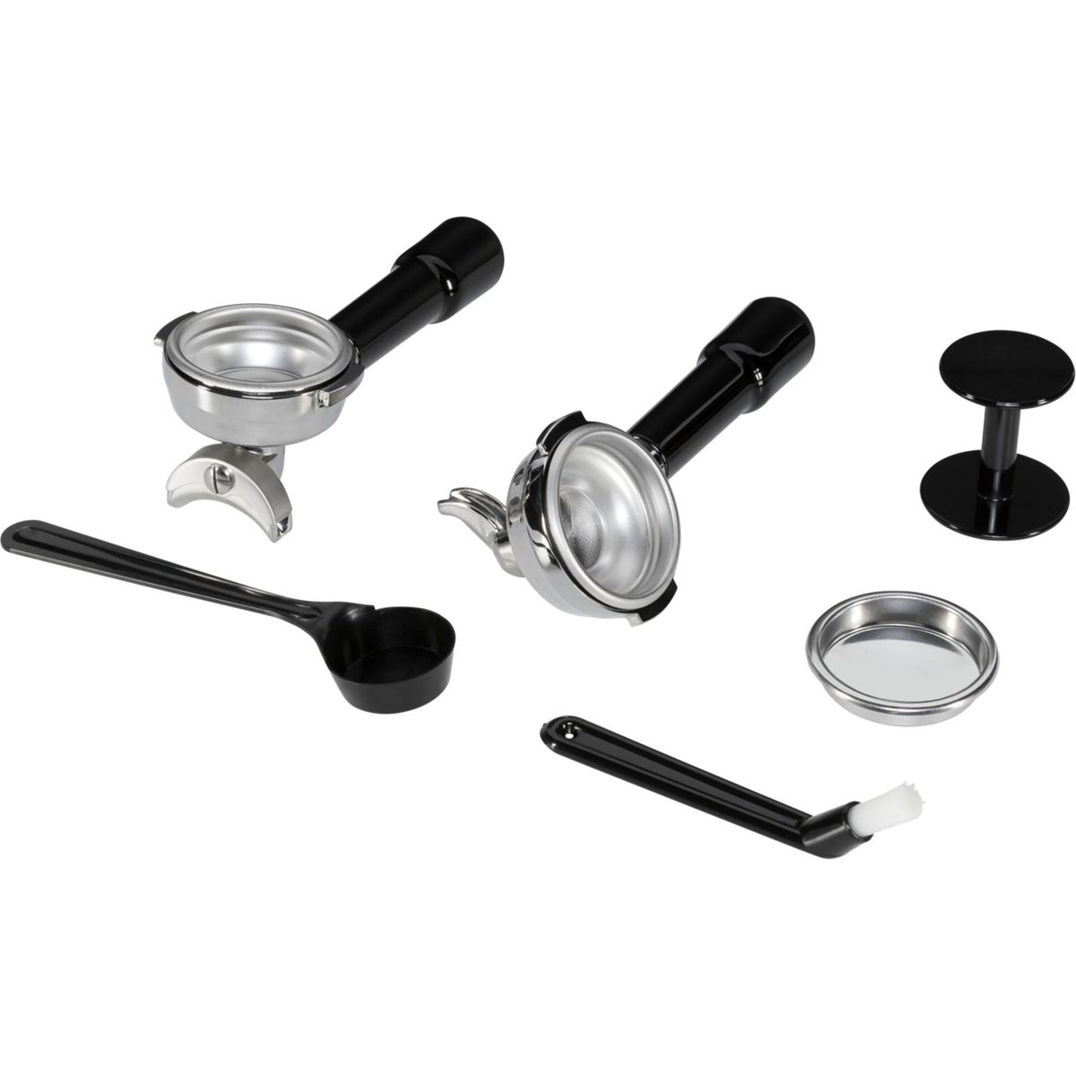 Akcesoria do ekspresu: kolby, miarka, szczotka, tamper i filiżanka.