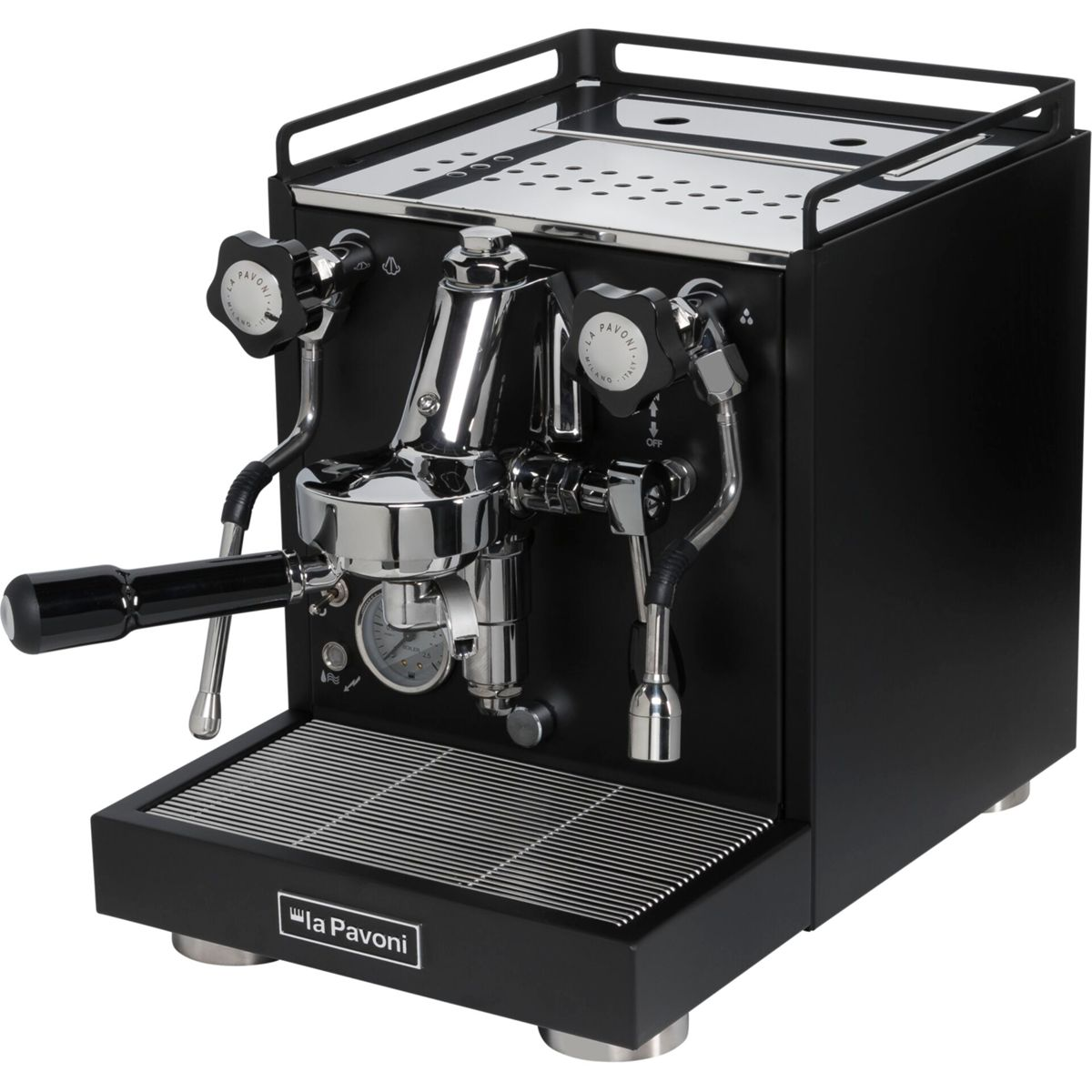 Schwarze Espressomaschine mit Chromdetails, Siebträger und Dampflanze.
