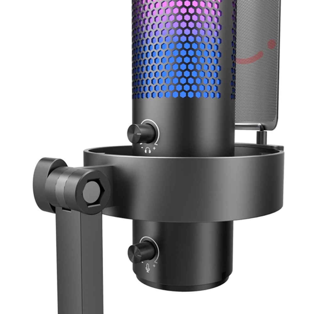 Un microfono nero con illuminazione RGB, manopole del volume e un supporto.