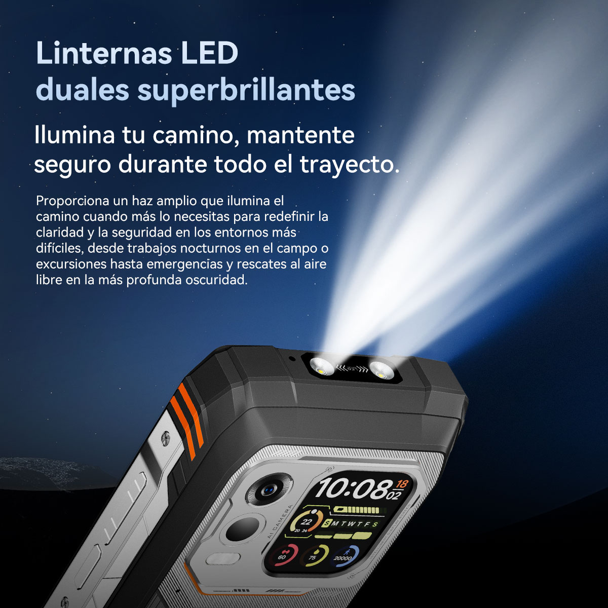 Un smartphone robusto con dos linternas LED brillantes que emiten haces de luz.