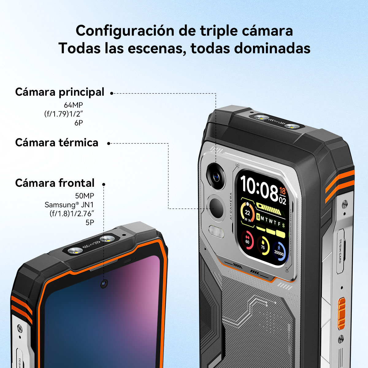 Smartphone robusto con triple cámara y especificaciones detalladas.