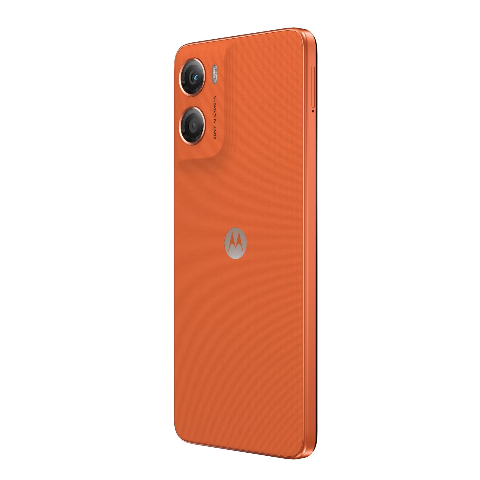 Pomarańczowy smartfon z podwójnym aparatem i logo Motorola.